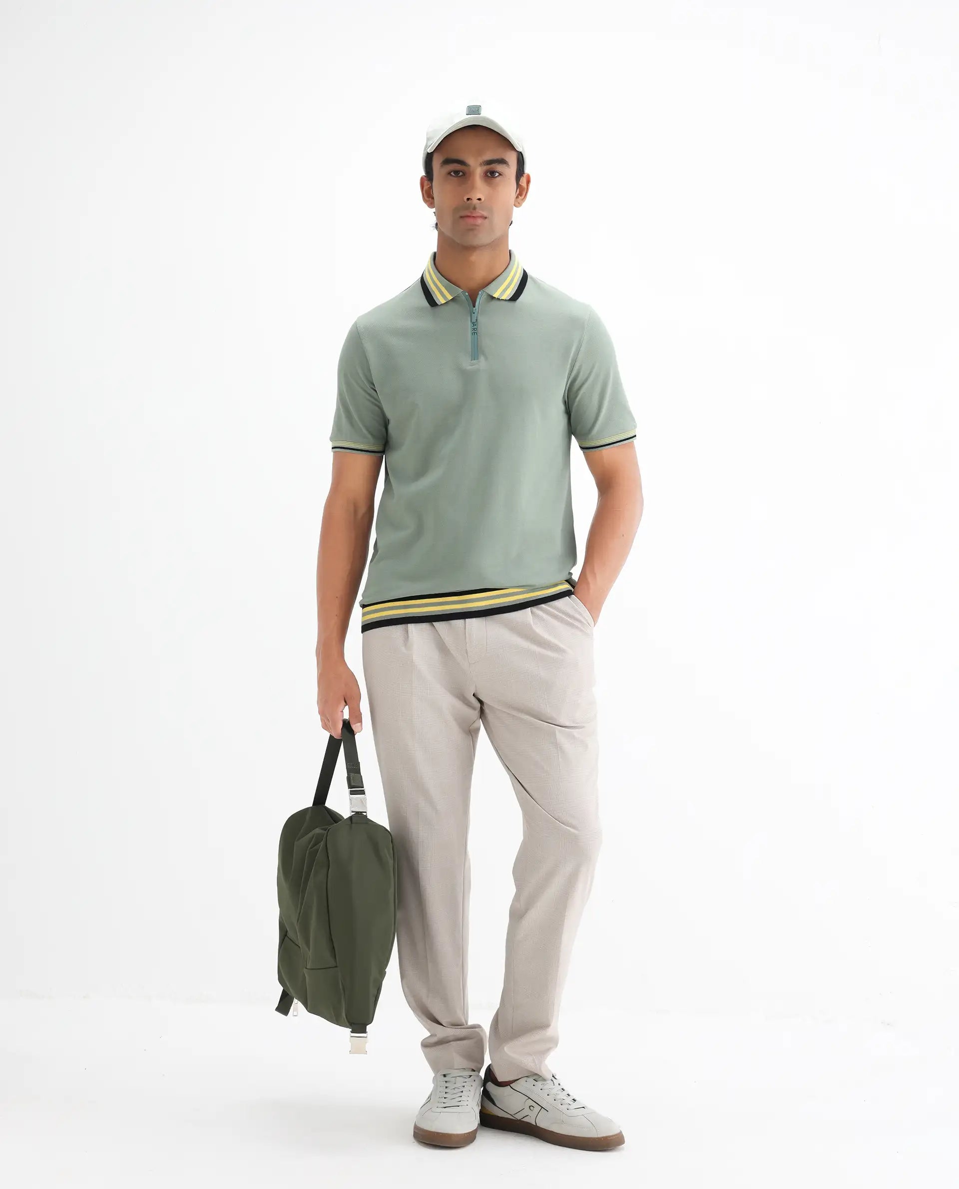 Rare Rabbit Men's Zyte Dusky Green Cotton Plain Regular Fit Half Sleeve Polo