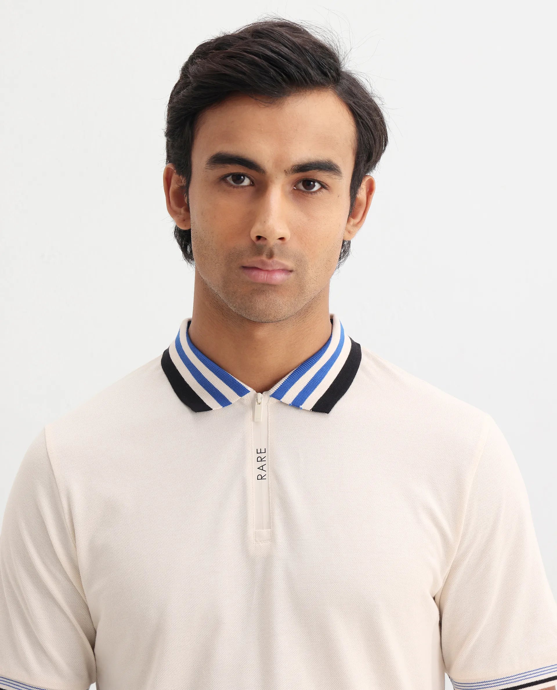 Rare Rabbit Men's Zyte Off White Cotton Plain Regular Fit Half Sleeve Polo