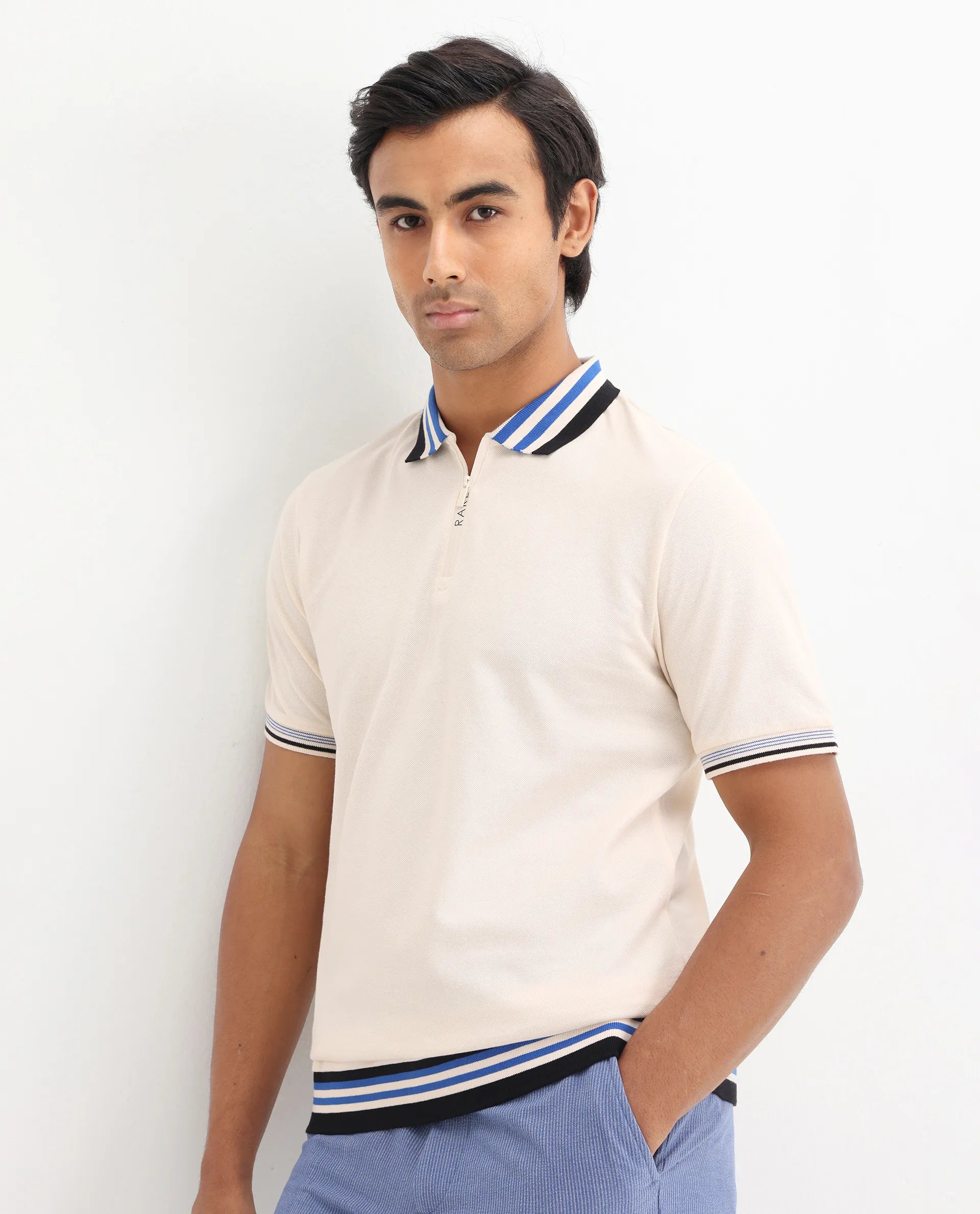 Rare Rabbit Men's Zyte Off White Cotton Plain Regular Fit Half Sleeve Polo