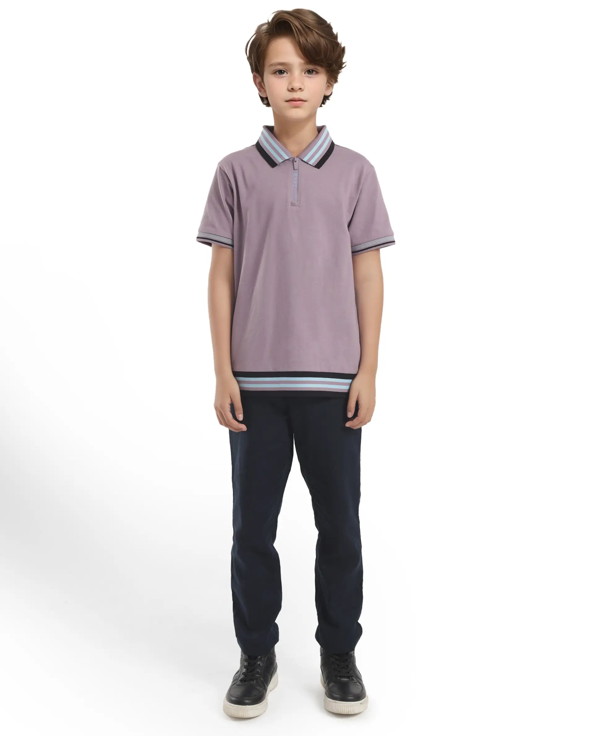 Rare Ones Kids Zyto Purple Cotton Half Sleeves Contrasting Regular Collar Zipper Closure Solid Polo