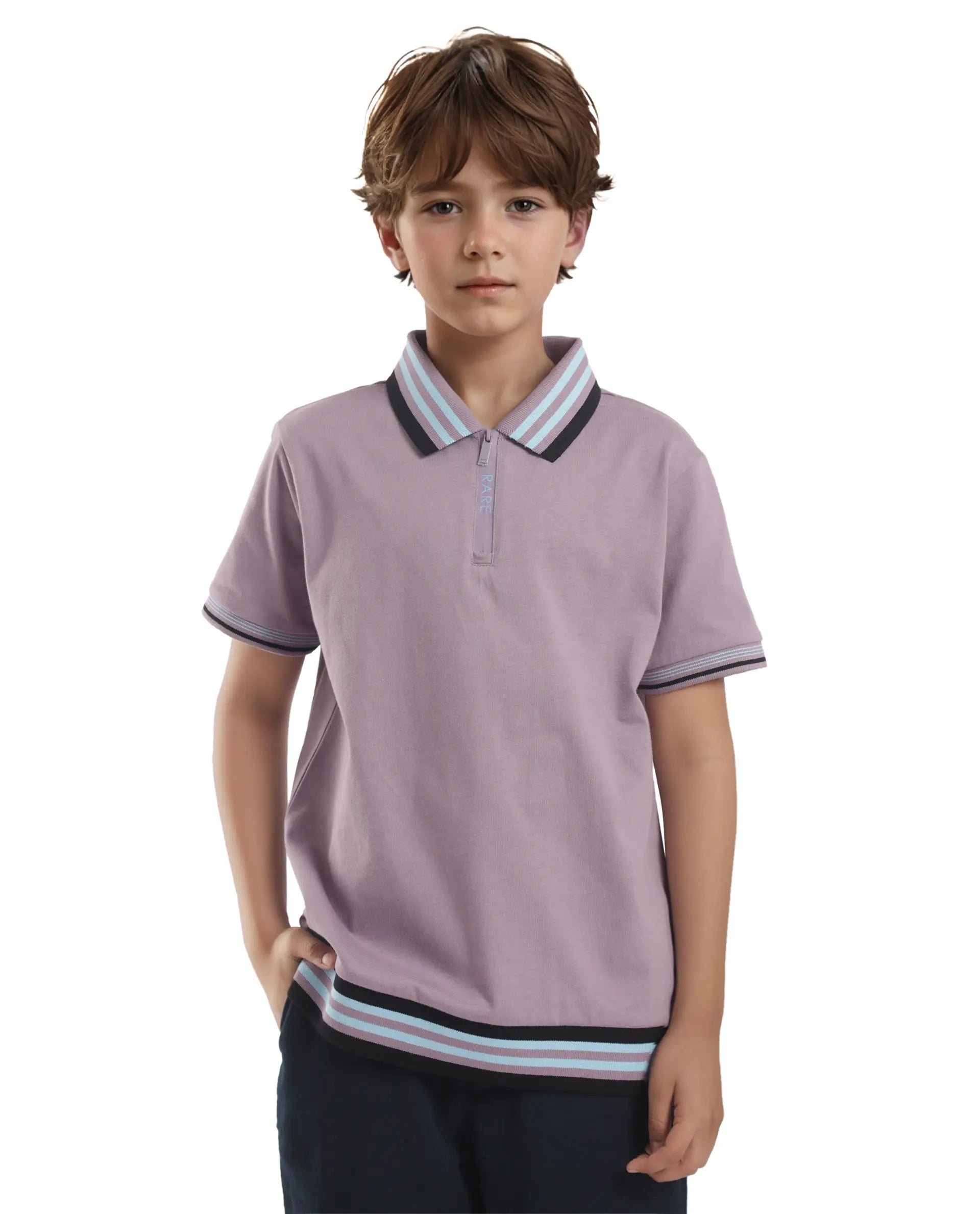 Rare Ones Kids Zyto Purple Cotton Half Sleeves Contrasting Regular Collar Zipper Closure Solid Polo