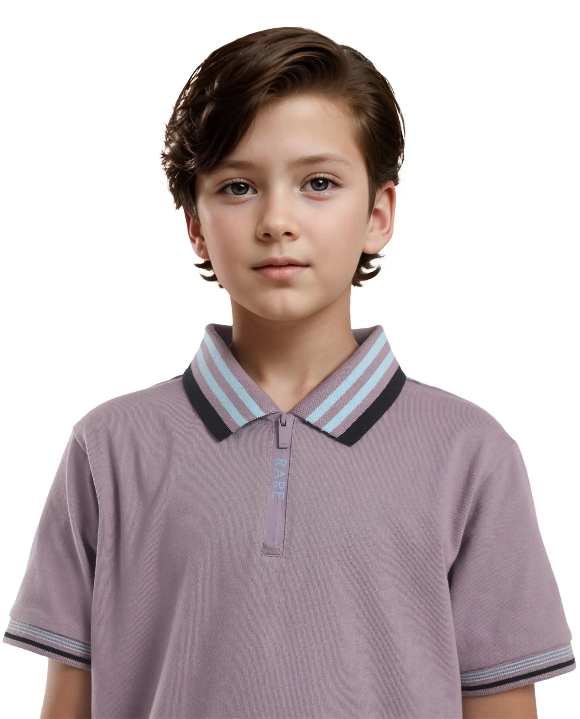 Rare Ones Kids Zyto Purple Cotton Half Sleeves Contrasting Regular Collar Zipper Closure Solid Polo