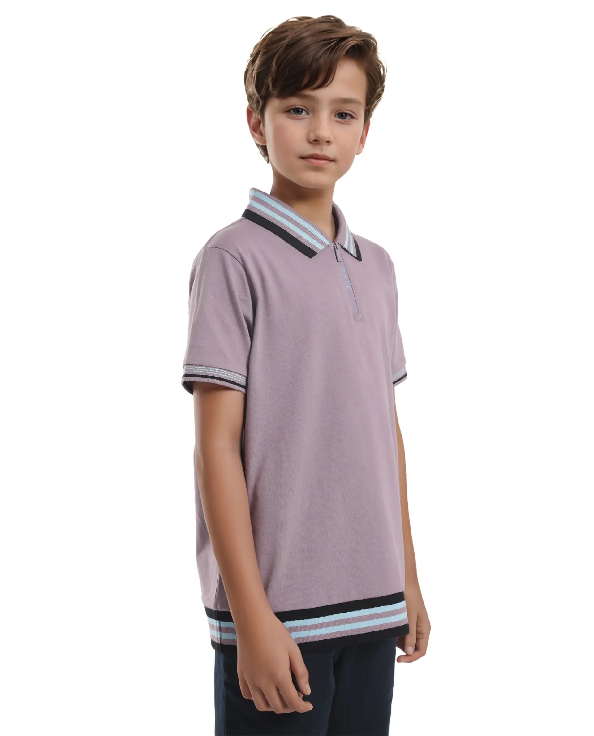 Rare Ones Kids Zyto Purple Cotton Half Sleeves Contrasting Regular Collar Zipper Closure Solid Polo
