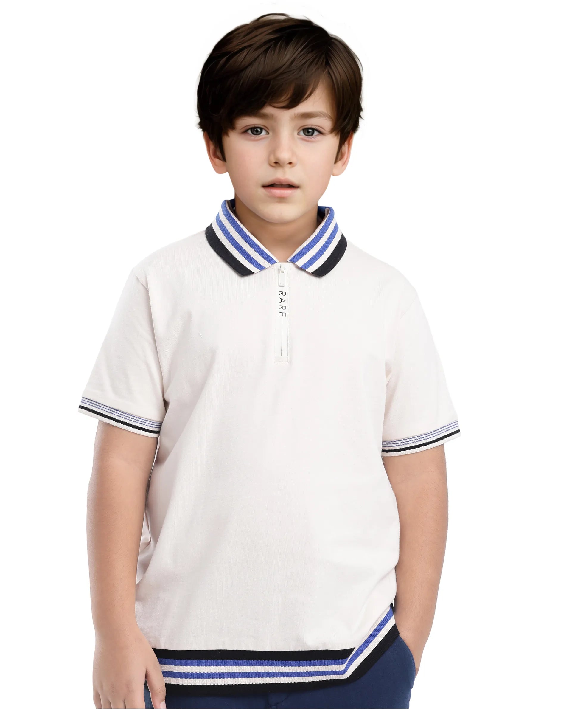Rare Ones Kids Zyto Off White Cotton Half Sleeves Contrasting Regular Collar Zipper Closure Solid Polo