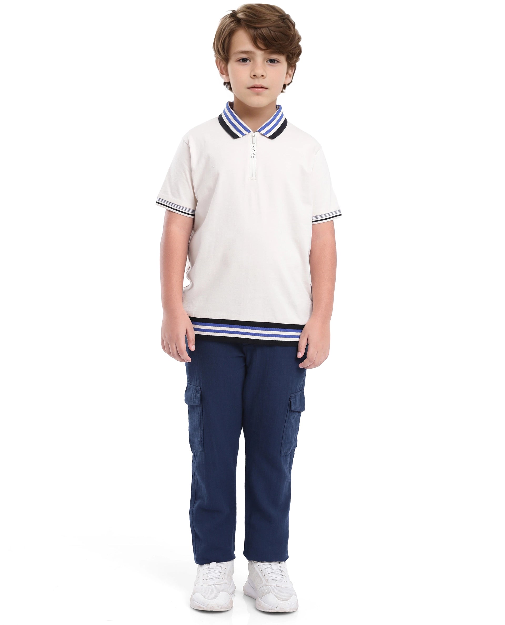 Rare Ones Kids Zyto Off White Cotton Half Sleeves Contrasting Regular Collar Zipper Closure Solid Polo