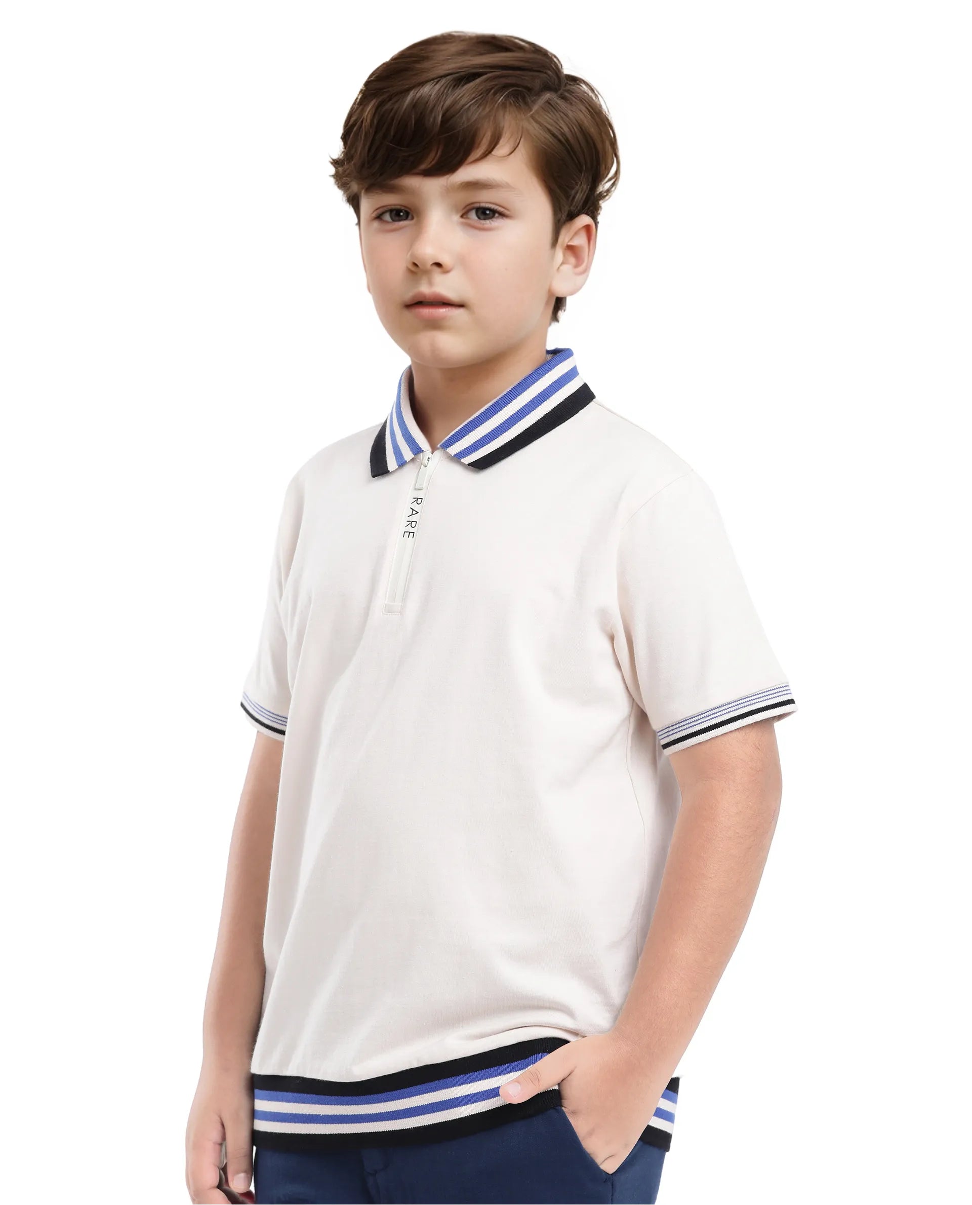 Rare Ones Kids Zyto Off White Cotton Half Sleeves Contrasting Regular Collar Zipper Closure Solid Polo