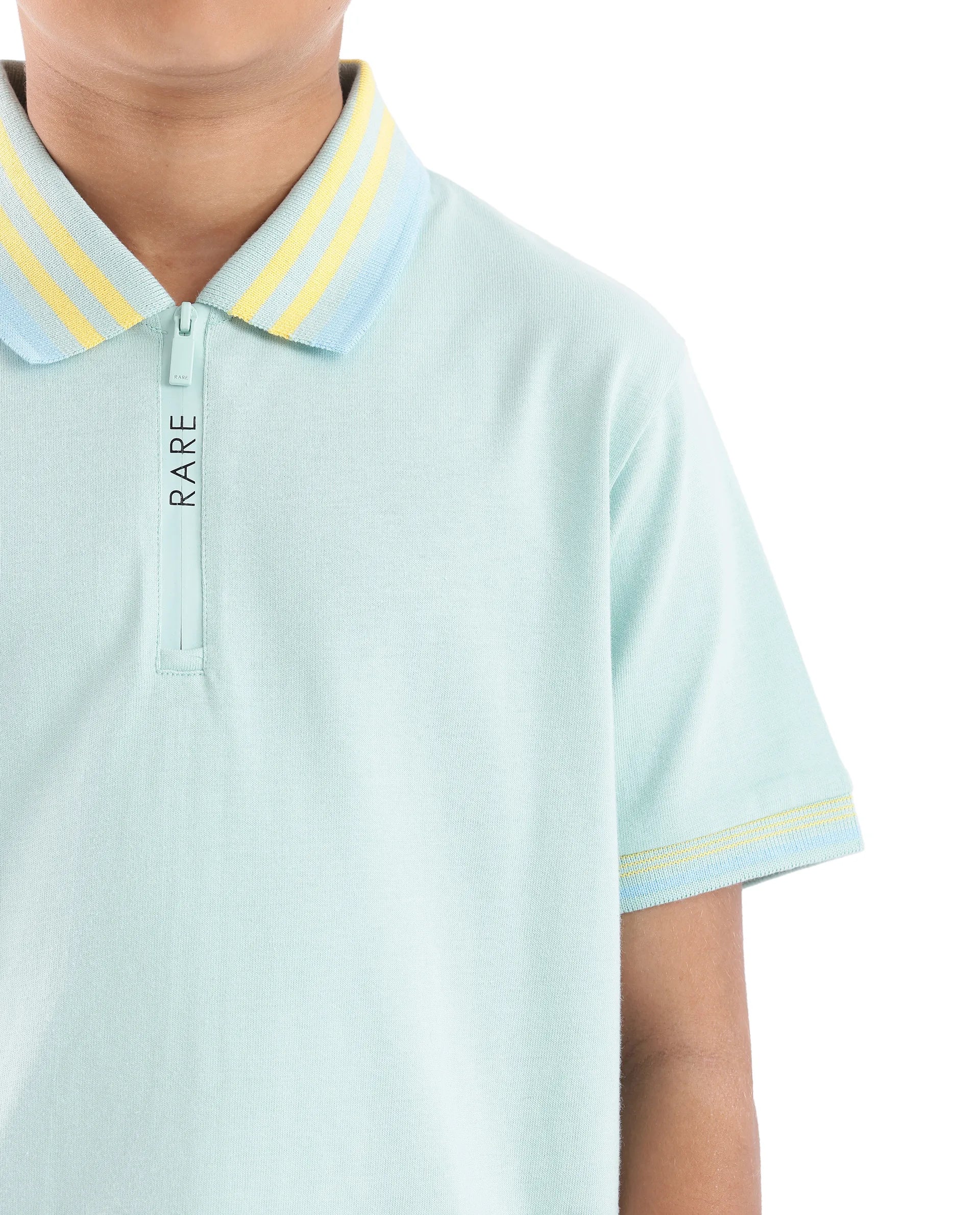 Rare Ones Kids Zyto Pastel Green Cotton Half Sleeves Contrasting Regular Collar Zipper Closure Solid Polo