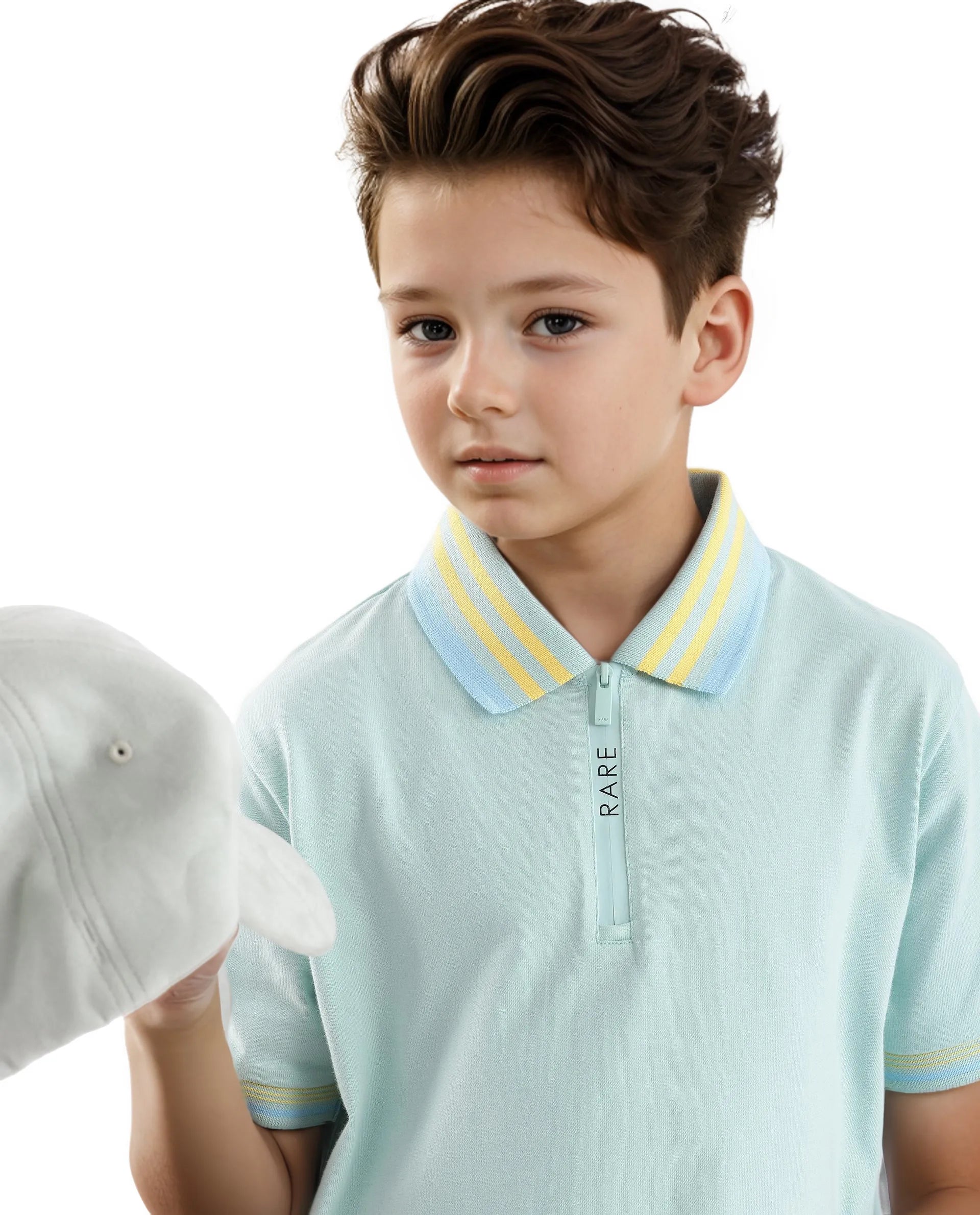 Rare Ones Kids Zyto Pastel Green Cotton Half Sleeves Contrasting Regular Collar Zipper Closure Solid Polo