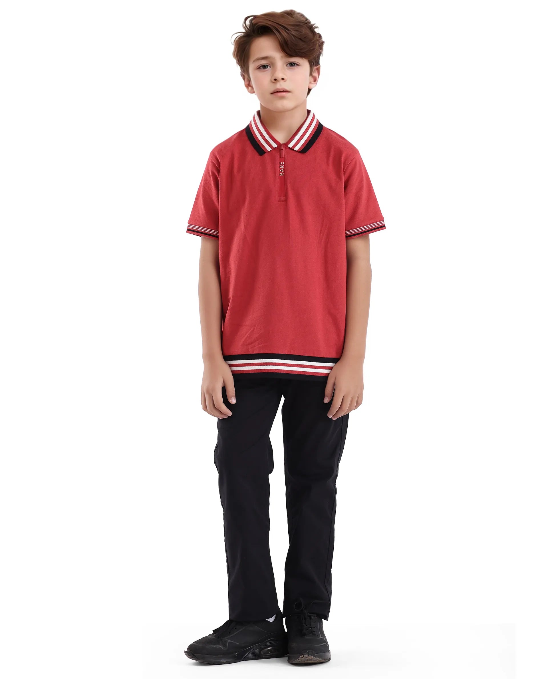 Rare Ones Kids Zyto Red Cotton Half Sleeves Contrasting Regular Collar Zipper Closure Solid Polo
