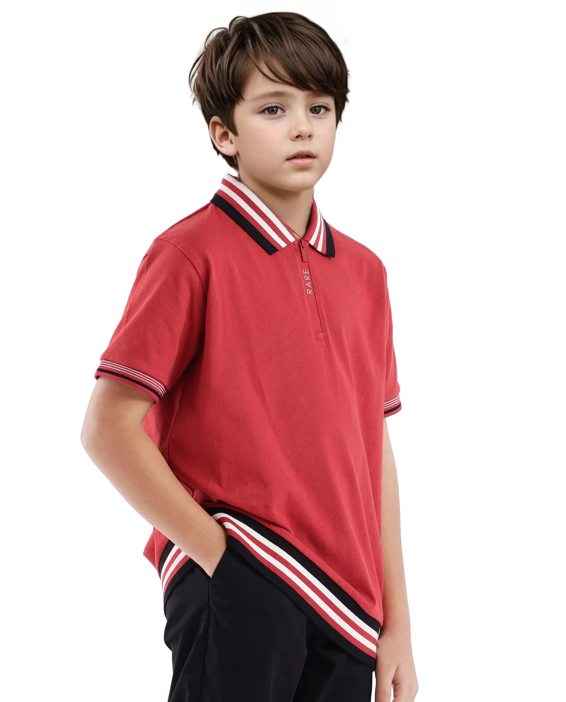 Rare Ones Kids Zyto Red Cotton Half Sleeves Contrasting Regular Collar Zipper Closure Solid Polo