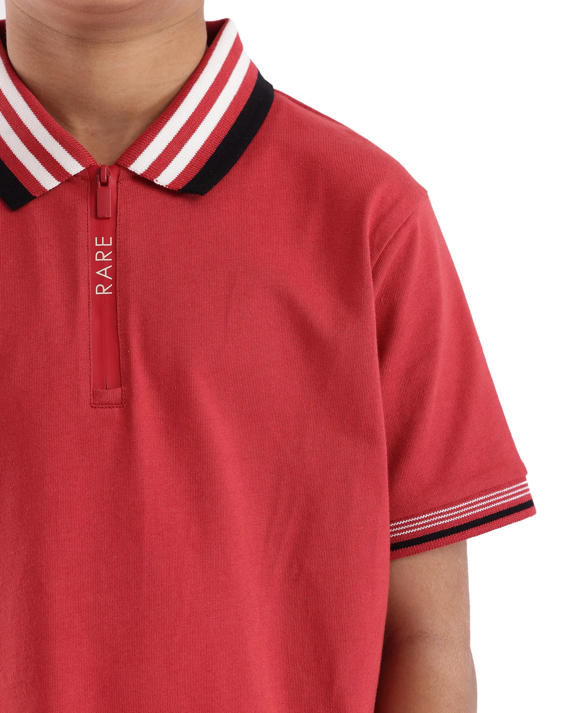 Rare Ones Kids Zyto Red Cotton Half Sleeves Contrasting Regular Collar Zipper Closure Solid Polo