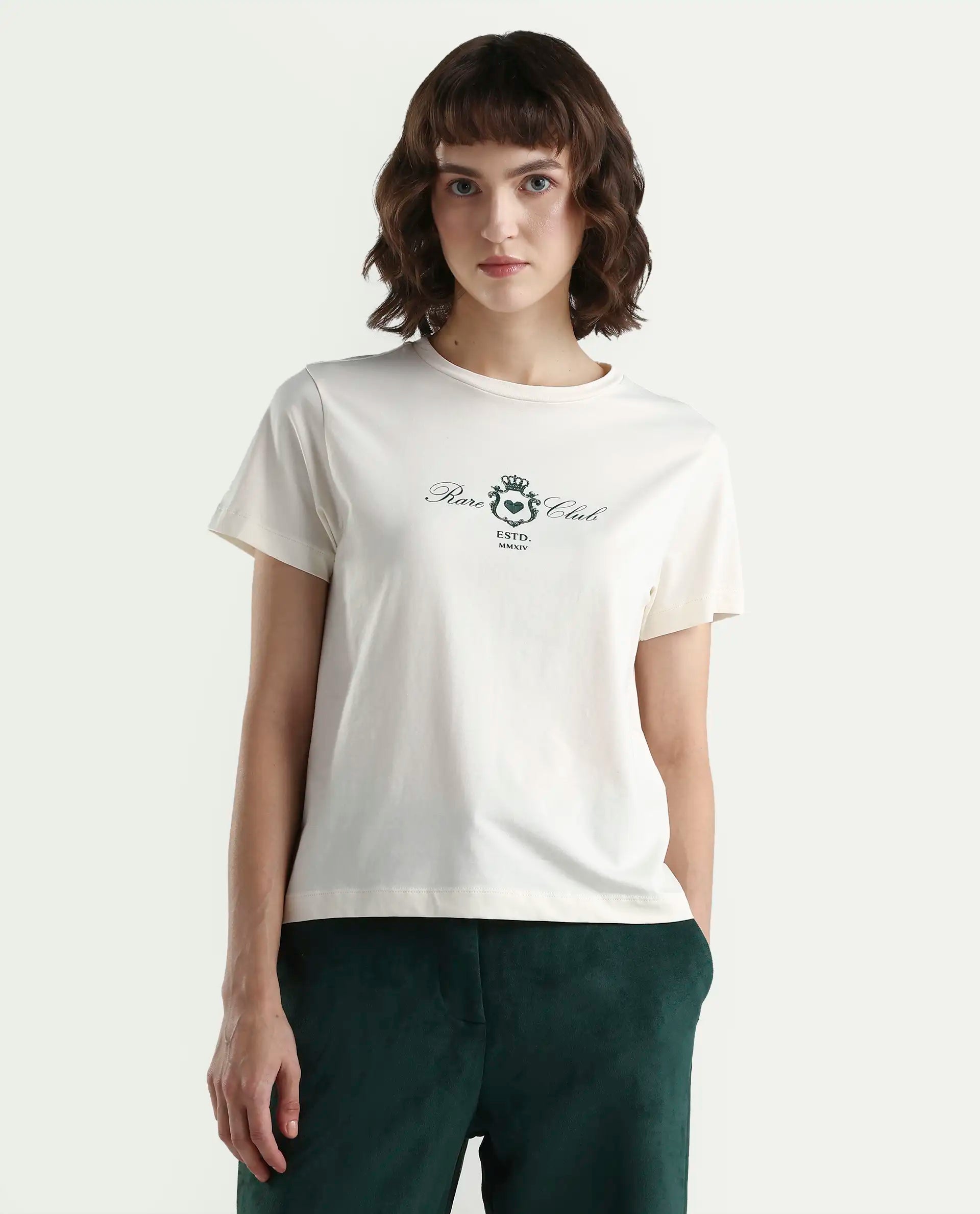 Rareism Women's Zorn Off White Cotton Blend Half Sleeve Regular Fit Plain T-Shirt