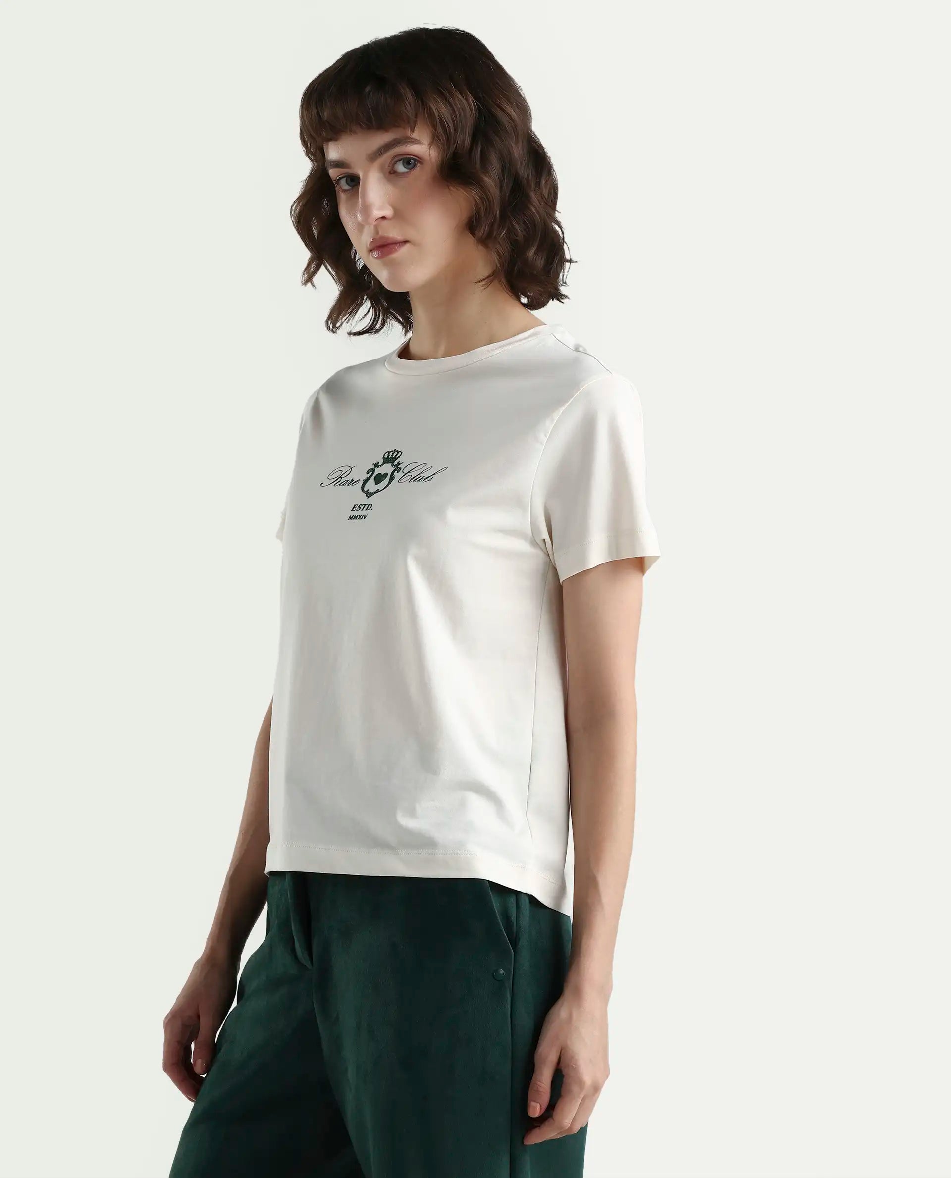 Rareism Women's Zorn Off White Cotton Blend Half Sleeve Regular Fit Plain T-Shirt