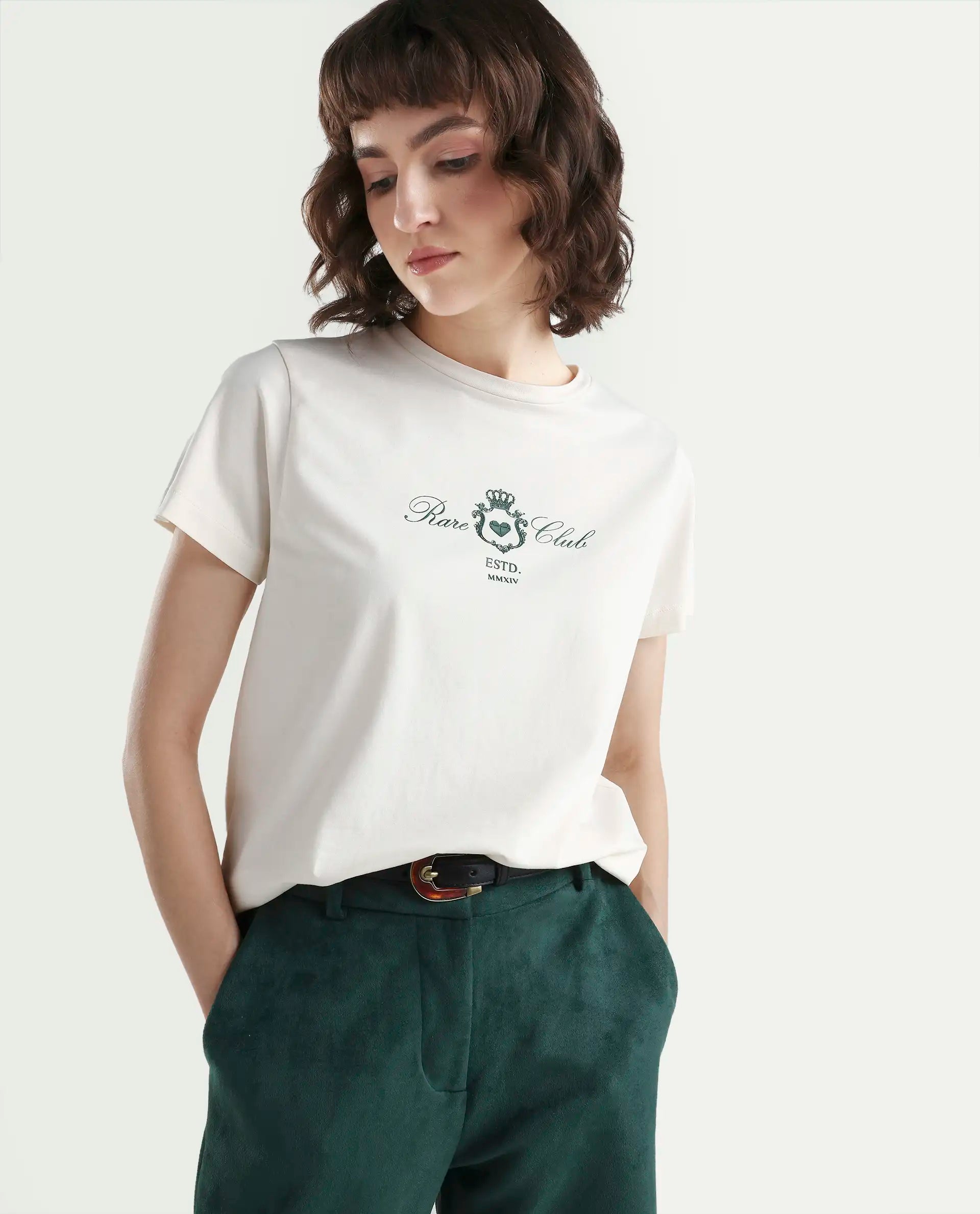 Rareism Women's Zorn Off White Cotton Blend Half Sleeve Regular Fit Plain T-Shirt
