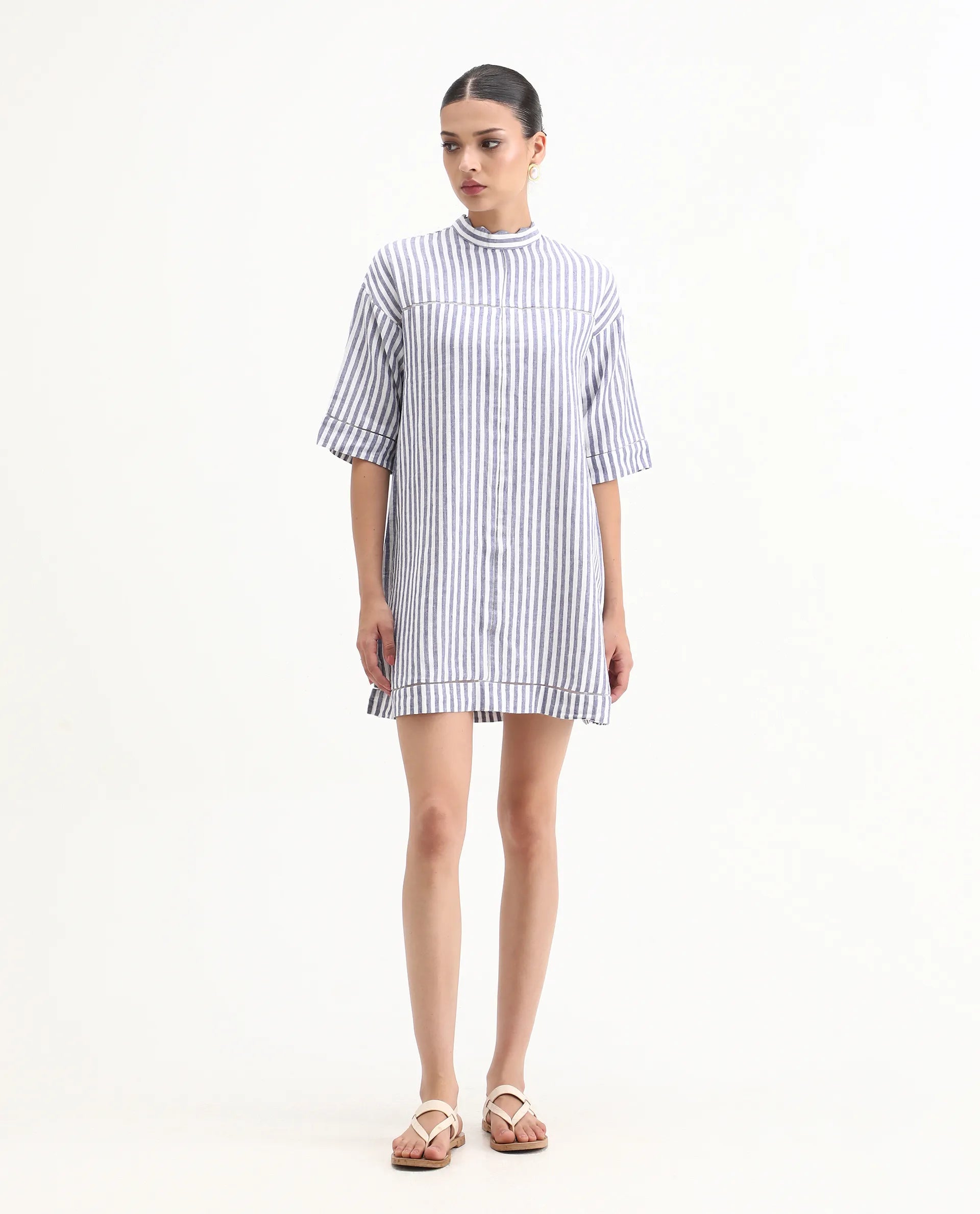 Rareism Women's Abutilon Blue Linen High Neck Striped Mini Relaxed Fit Dress