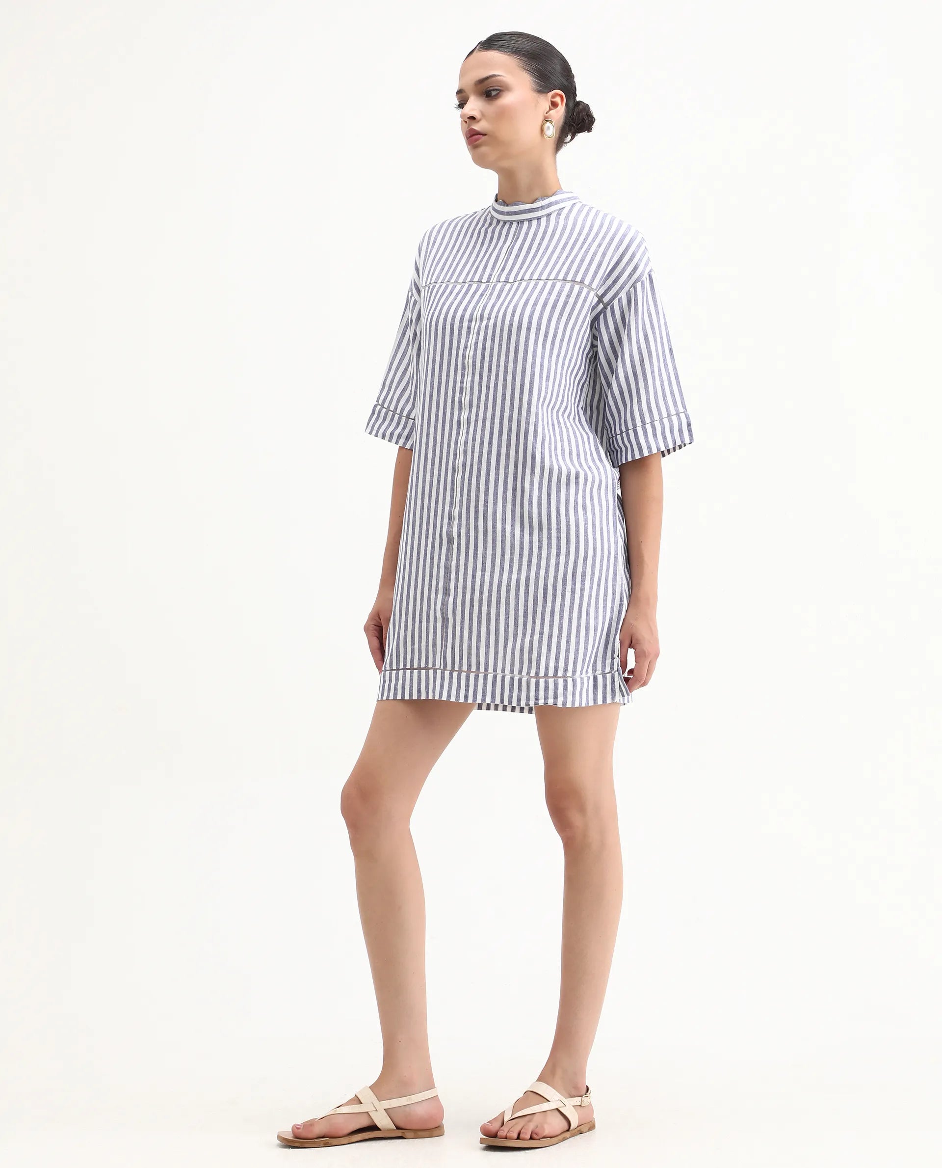 Rareism Women's Abutilon Blue Linen High Neck Striped Mini Relaxed Fit Dress