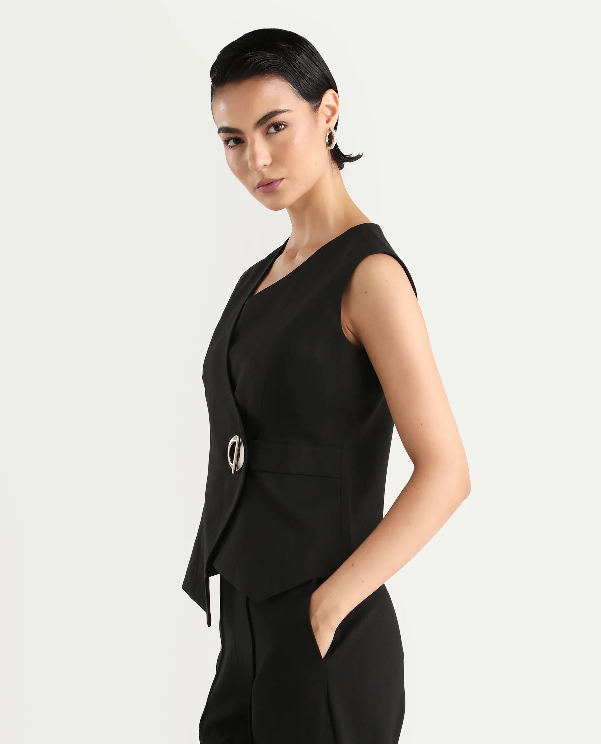 Rareism Women's Achilles Black Cotton Blend Asymmetric Neck Plain Sleeveless Regular Fitted Top