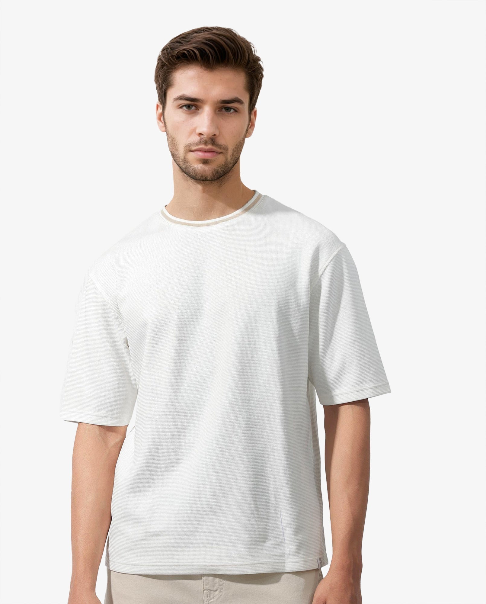 Rare Rabbit Men's Adiso Off White Cotton Fabric Half Sleeves Oversized Textured T-Shirt