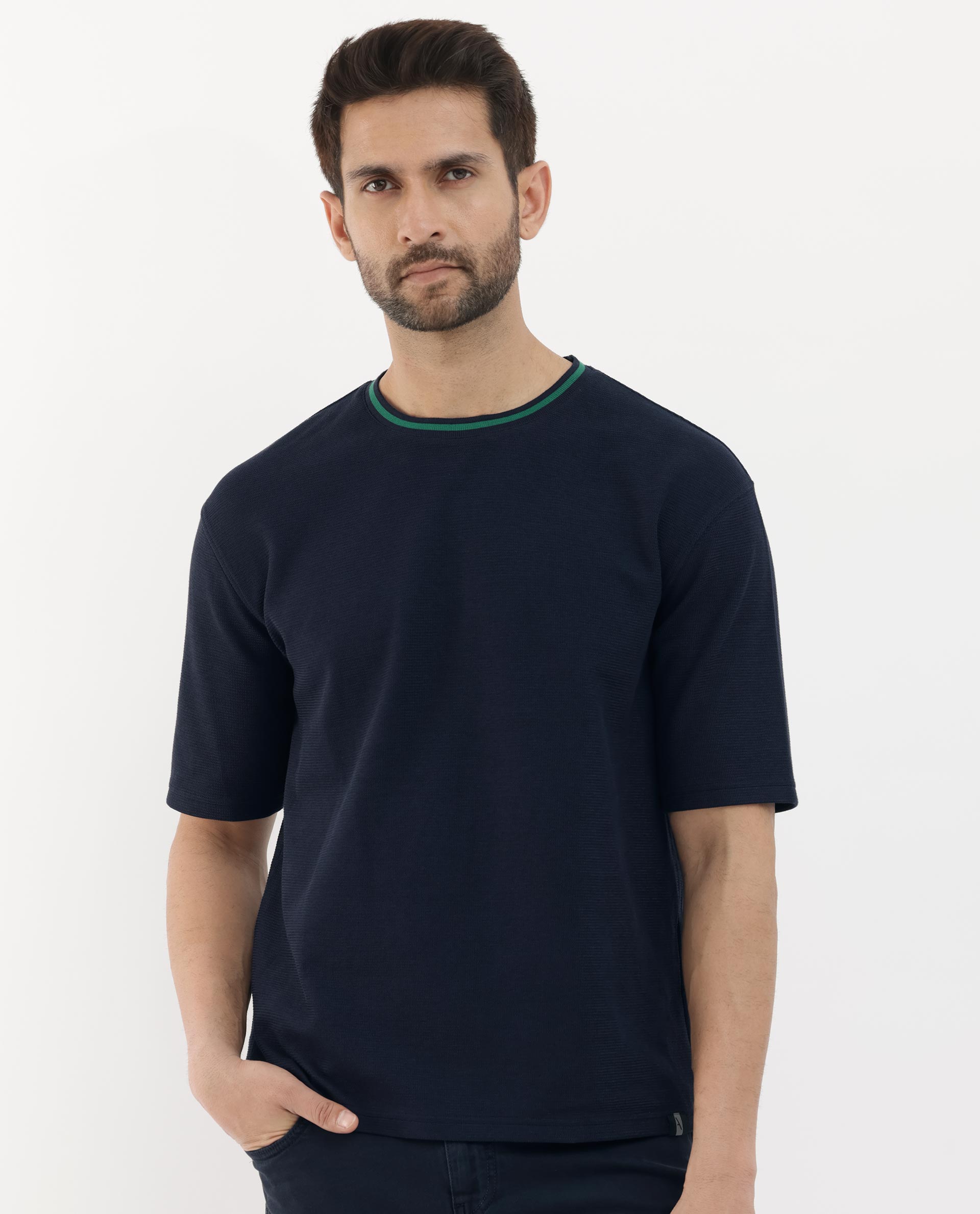 Rare Rabbit Men's Adiso Navy Cotton Fabric Half Sleeves Oversized Textured T-Shirt
