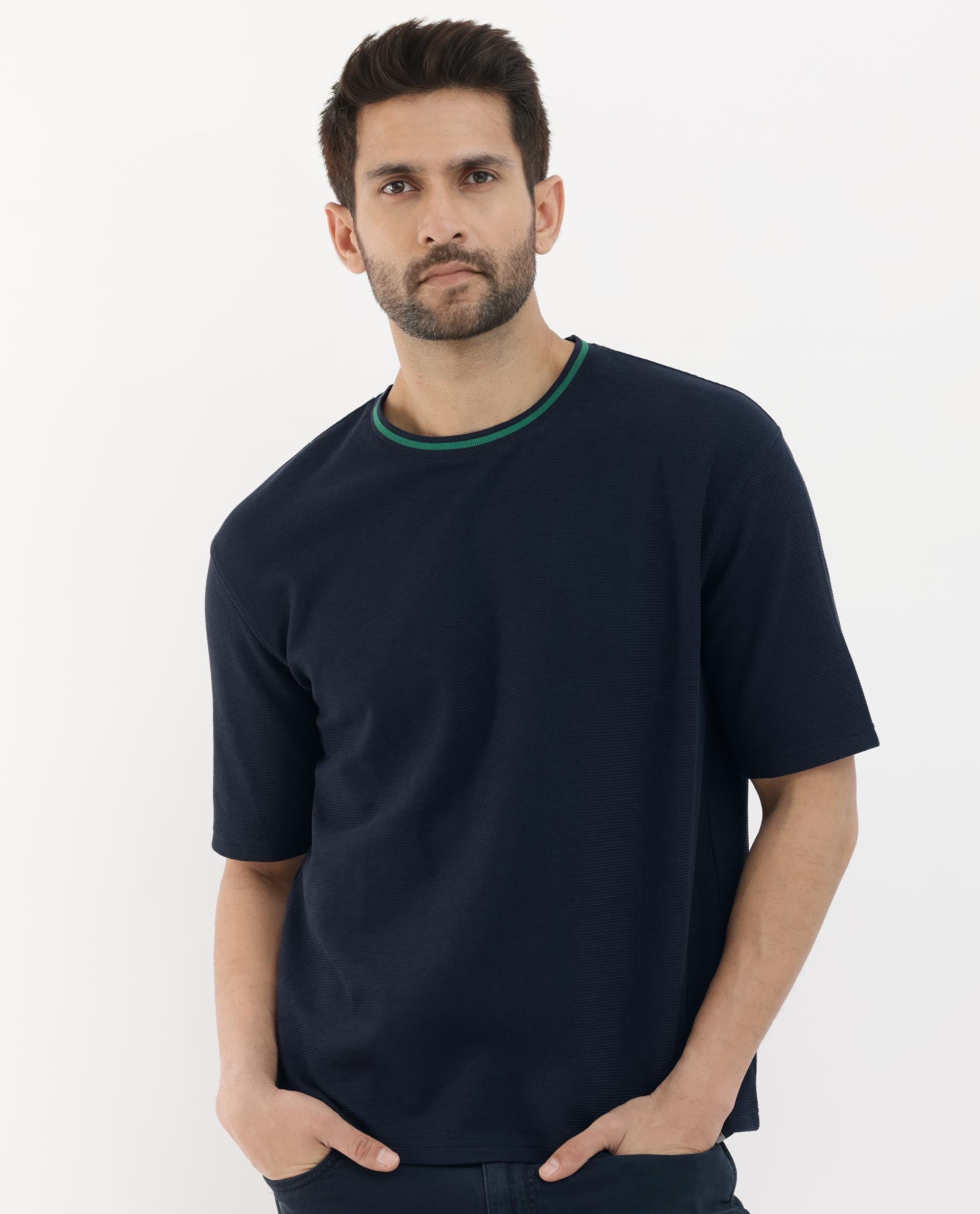 Rare Rabbit Men's Adiso-1 Navy Cotton Blend Fabric Short Sleeve Crew Neck Oversized Fit Plain T-Shirt
