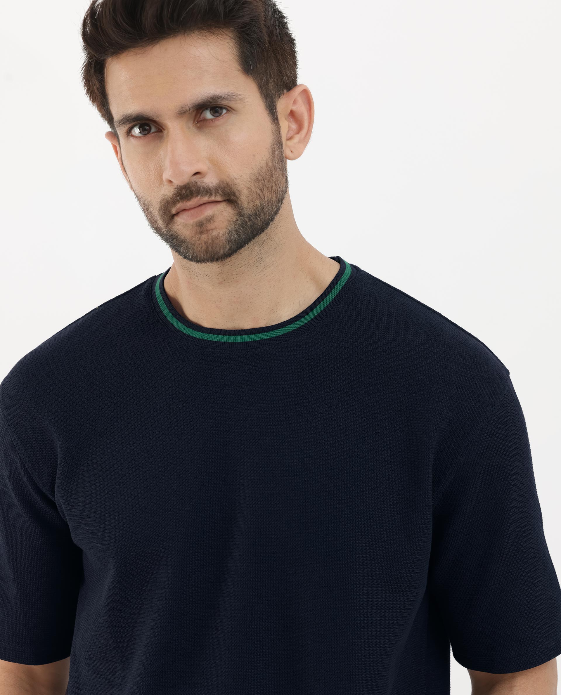 Rare Rabbit Men's Adiso-1 Navy Cotton Blend Fabric Short Sleeve Crew Neck Oversized Fit Plain T-Shirt