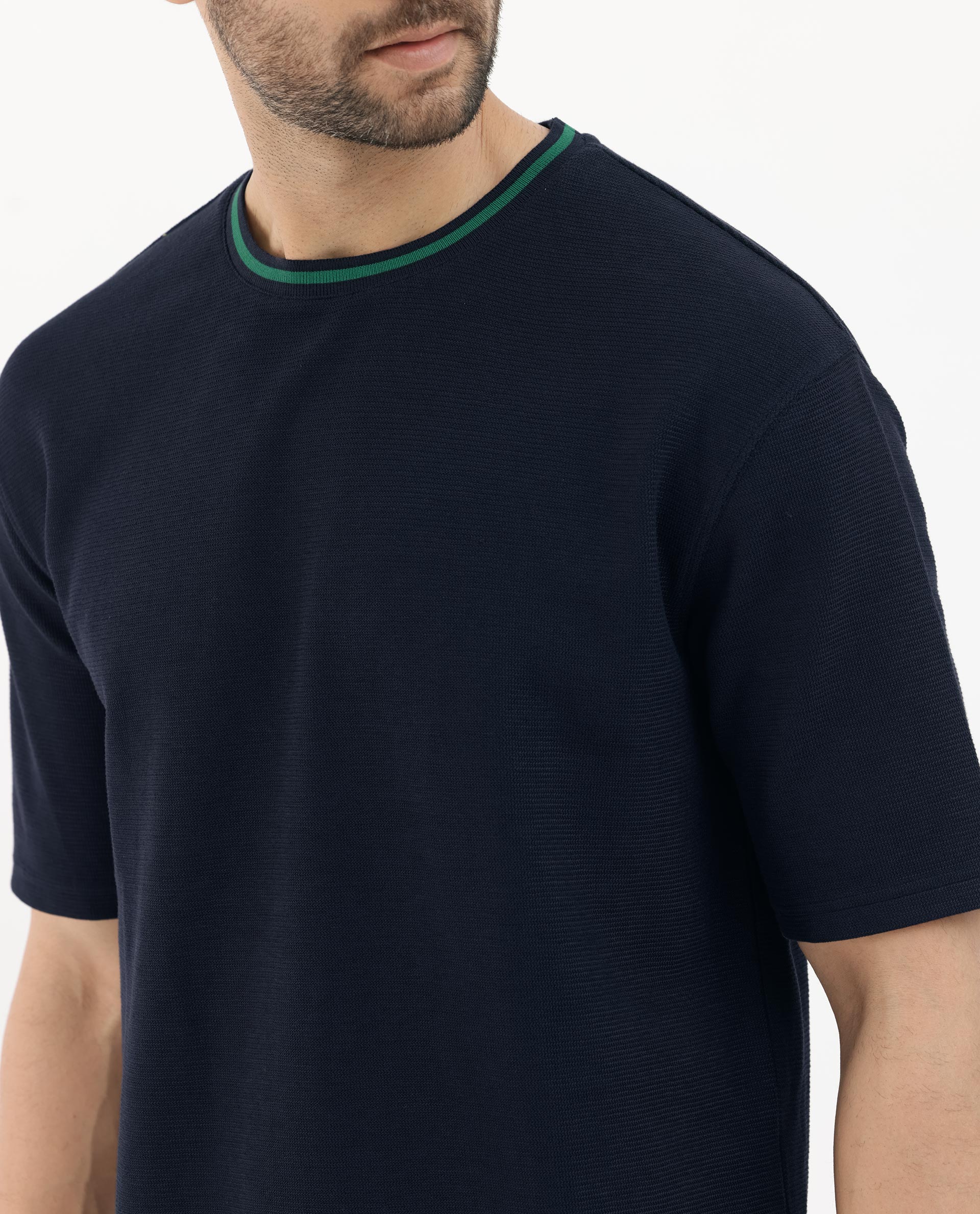 Rare Rabbit Men's Adiso-1 Navy Cotton Blend Fabric Short Sleeve Crew Neck Oversized Fit Plain T-Shirt