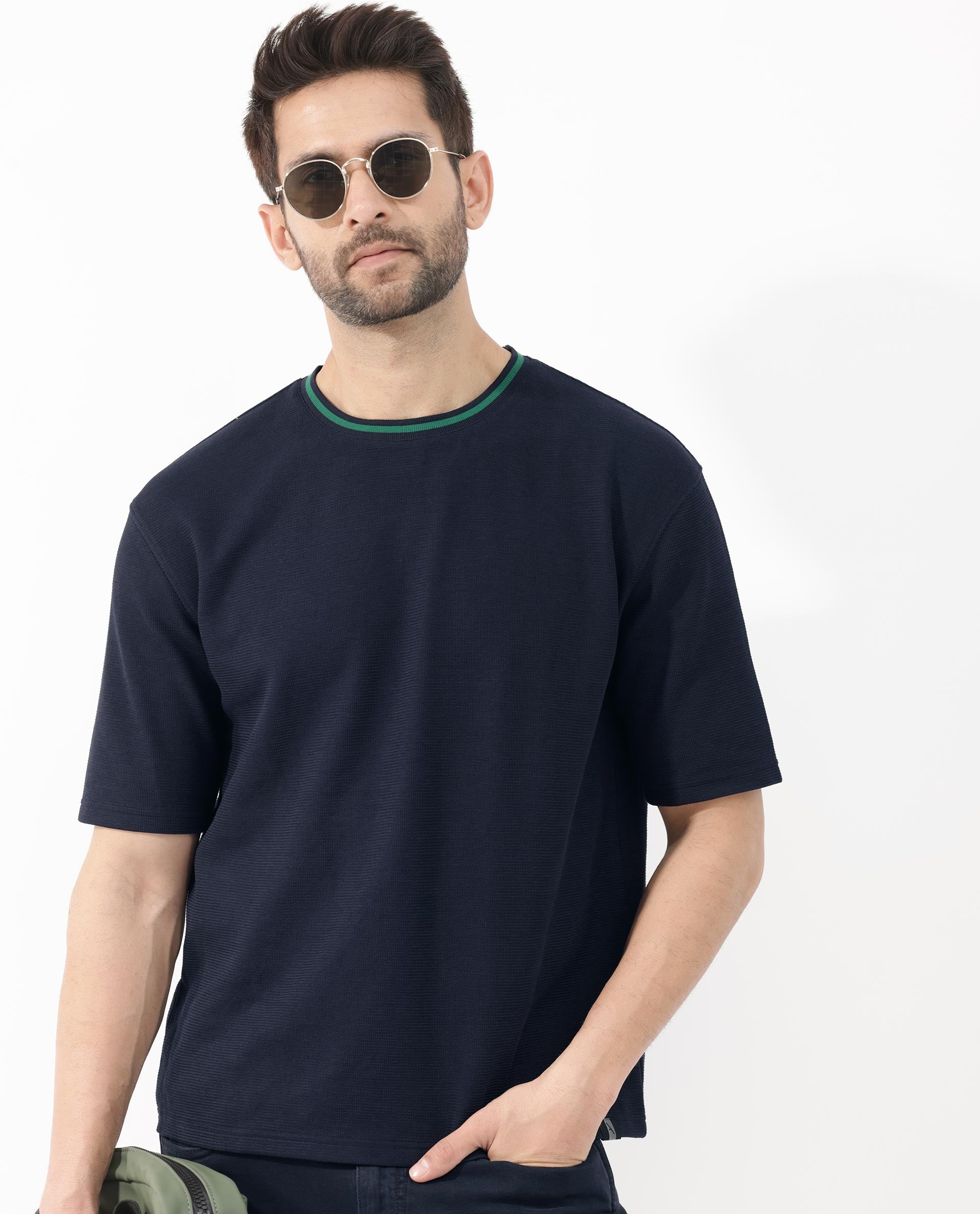 Rare Rabbit Men's Adiso Navy Cotton Fabric Half Sleeves Oversized Textured T-Shirt