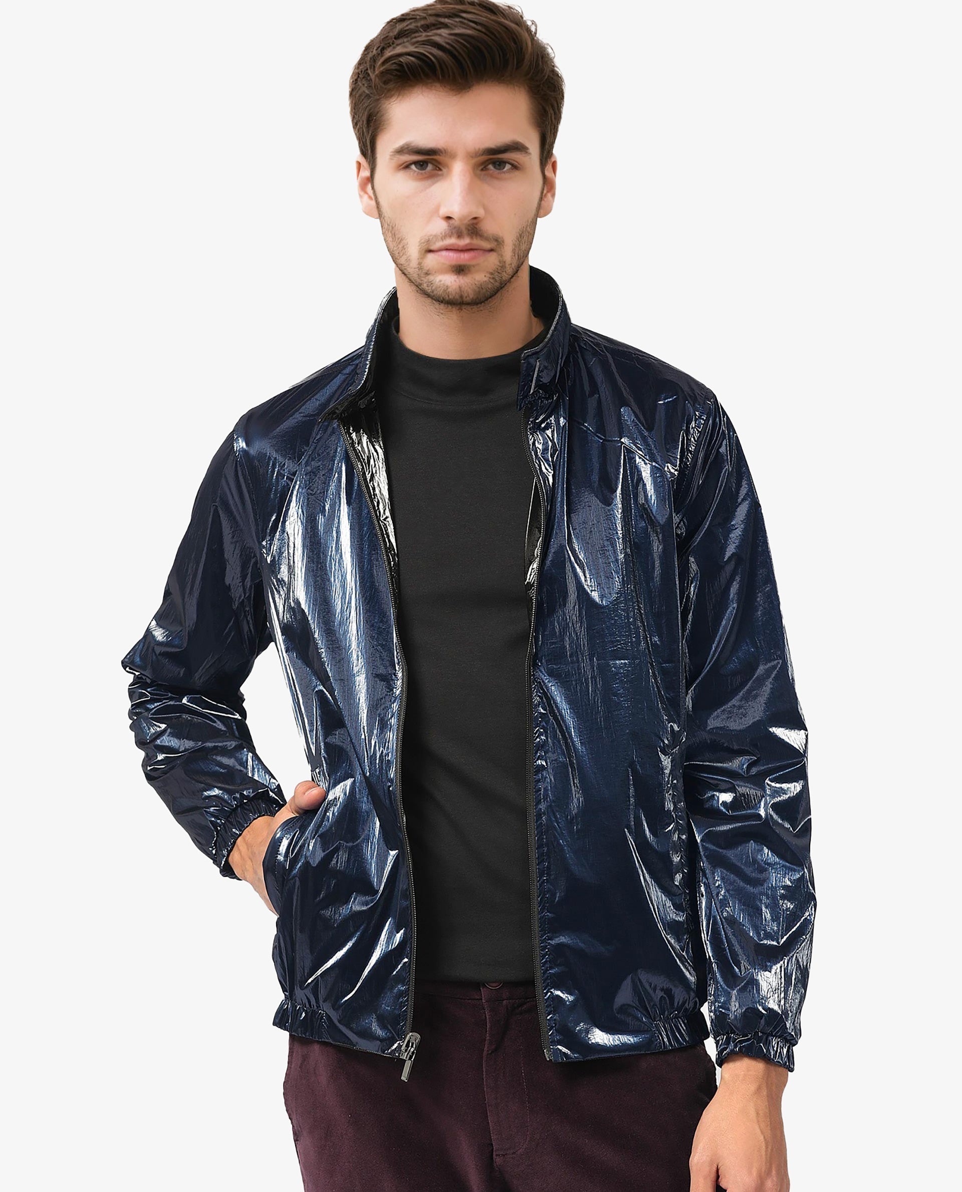 Rare Rabbit Men's Adler Navy/Black Plain Metallic Reversible Jacket