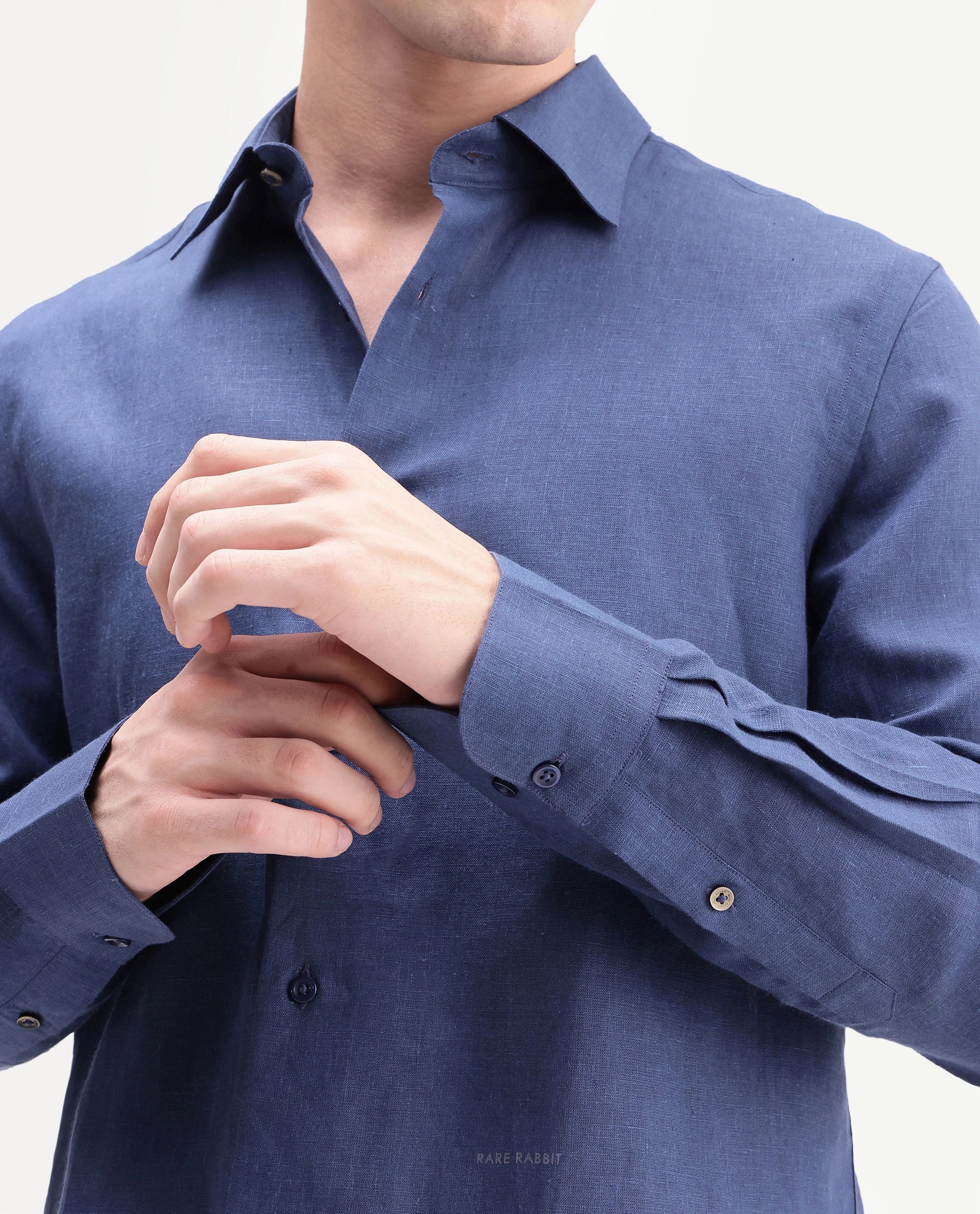 Rare Rabbit Men's Aeri-Fs Primary Blue Linen Blend Fabric Full Sleeve Spread Collar Button Regular Plain Shirt