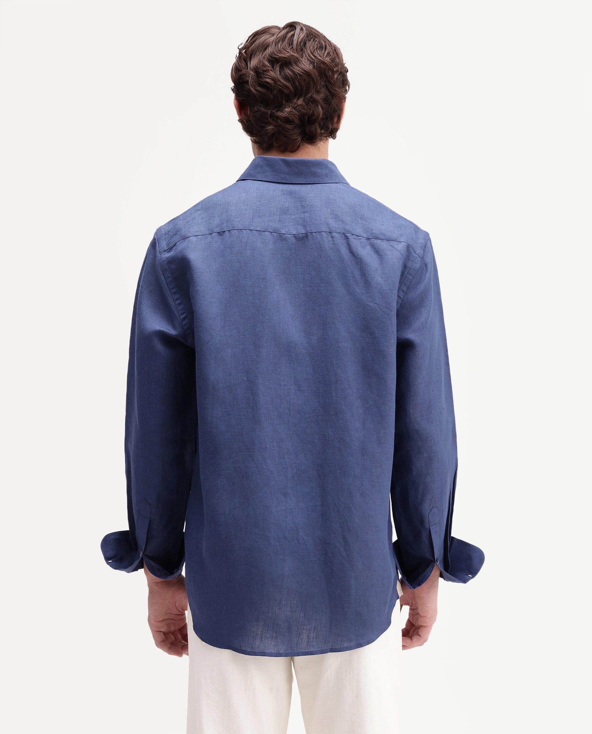 Rare Rabbit Men's Aeri-Fs Primary Blue Linen Blend Fabric Full Sleeve Spread Collar Button Regular Plain Shirt