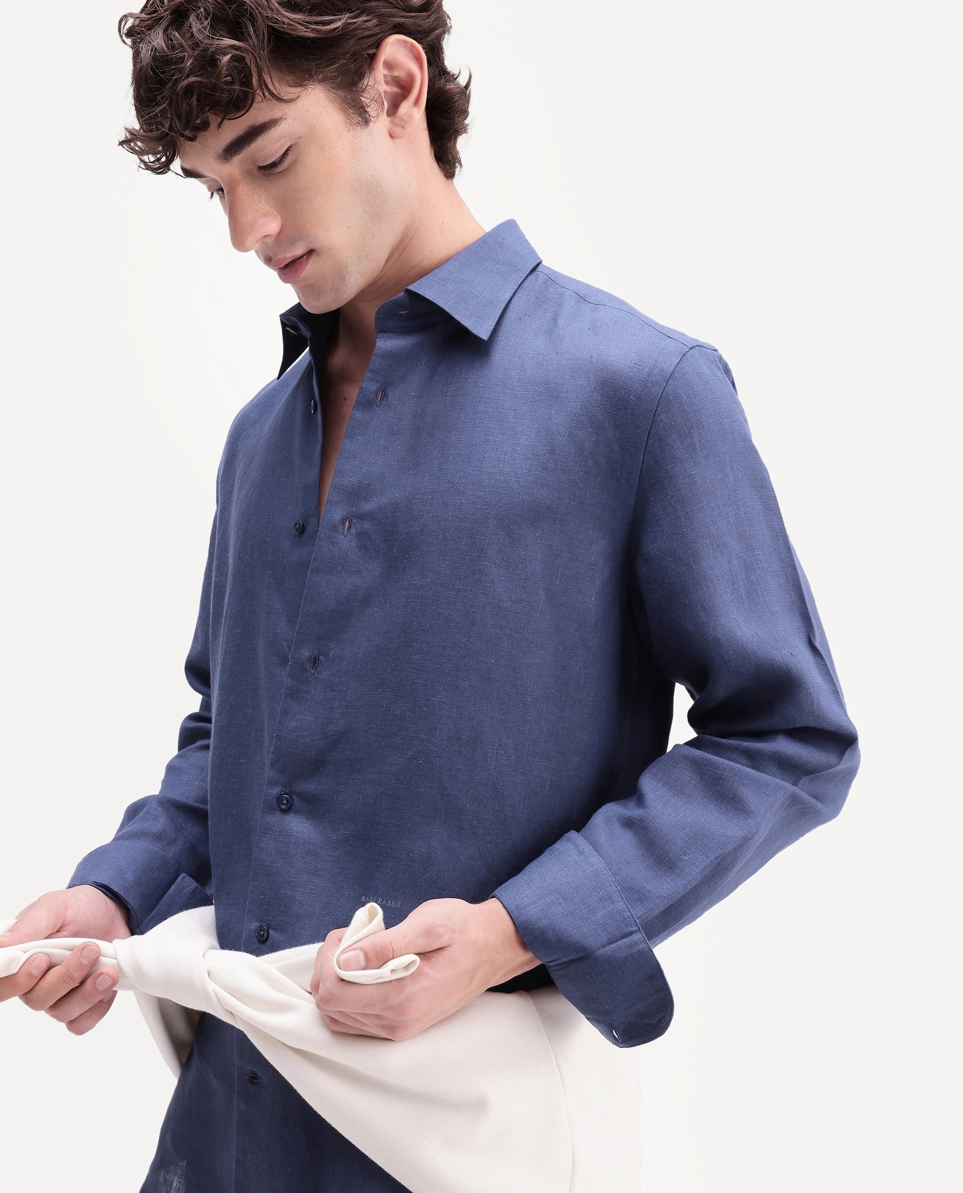 Rare Rabbit Men's Aeri-Fs Primary Blue Linen Blend Fabric Full Sleeve Spread Collar Button Regular Plain Shirt
