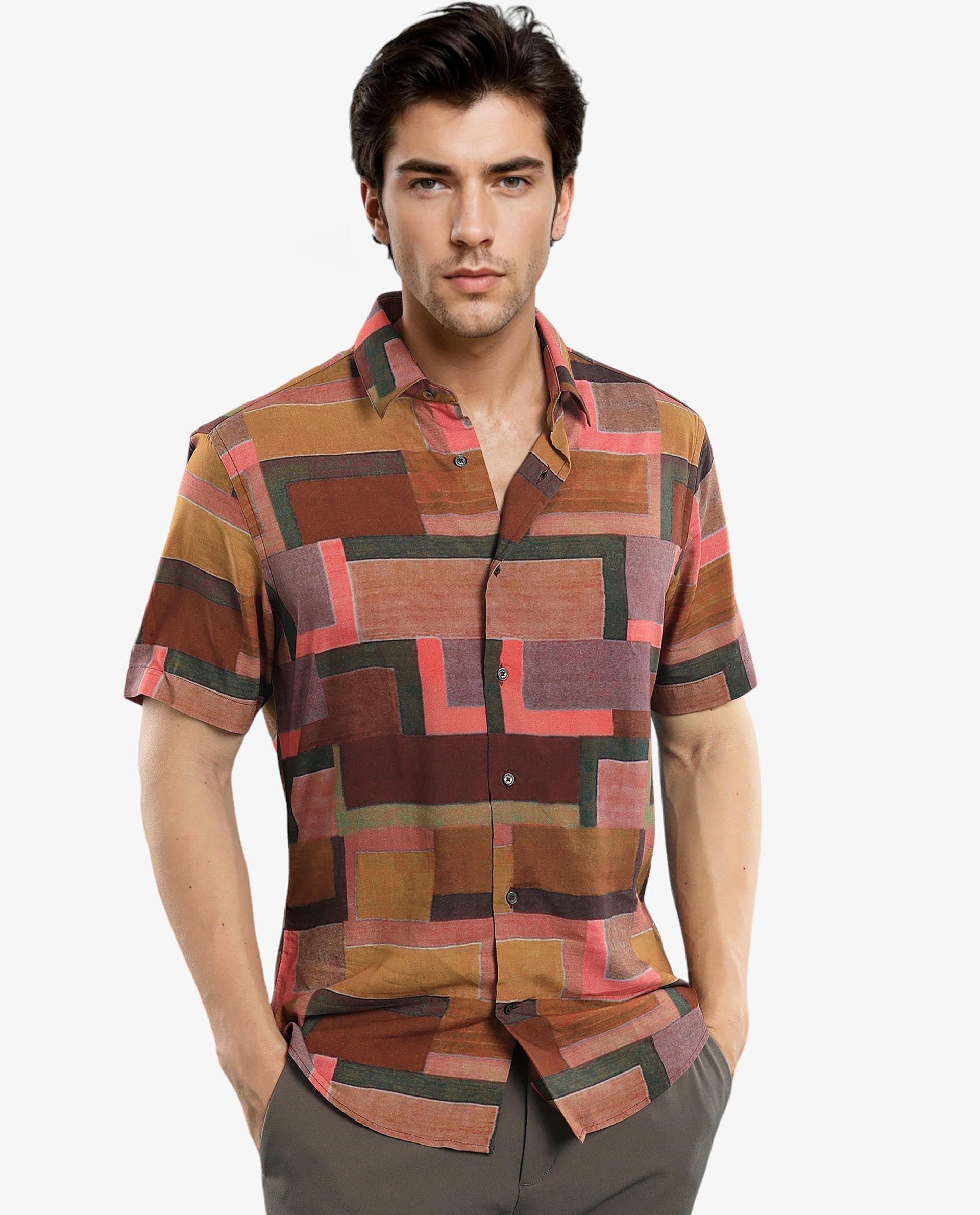 Rare Rabbit Men's Aether Mustard Viscose Fabric Abstract Print Half Sleeves Shirt