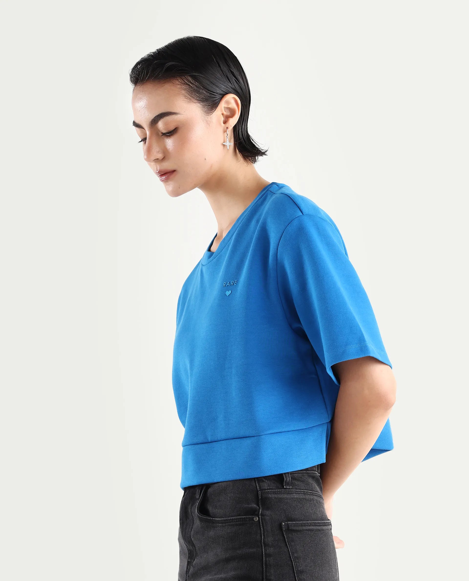 Rareism Women's Afrib Blue Cotton Blend Crew Neck Plain Crop Regular Fit T-Shirt