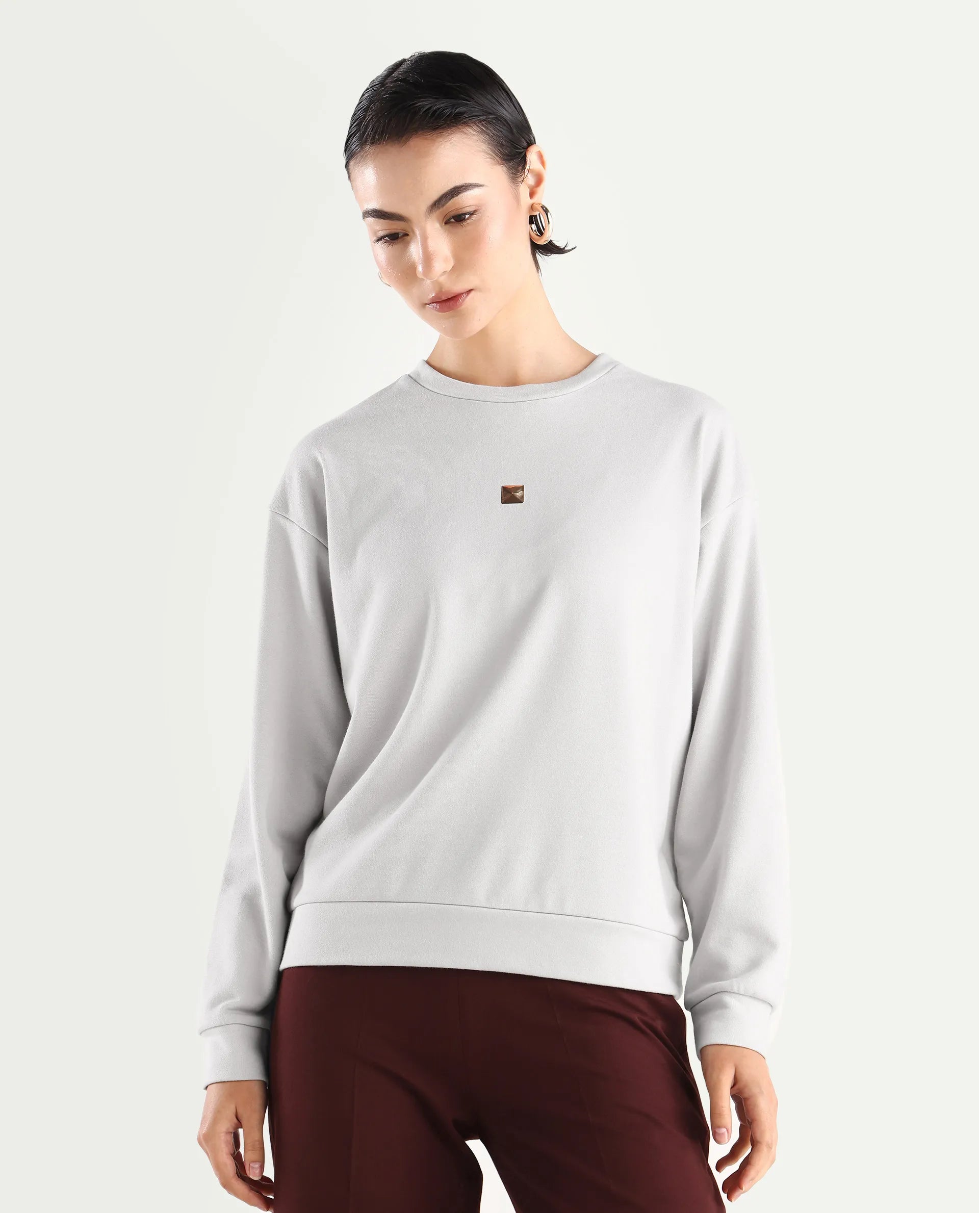 Rareism Women's Aimee Light Grey Polyester Blend Crew Neck Plain Boxy Fit Sweatshirt