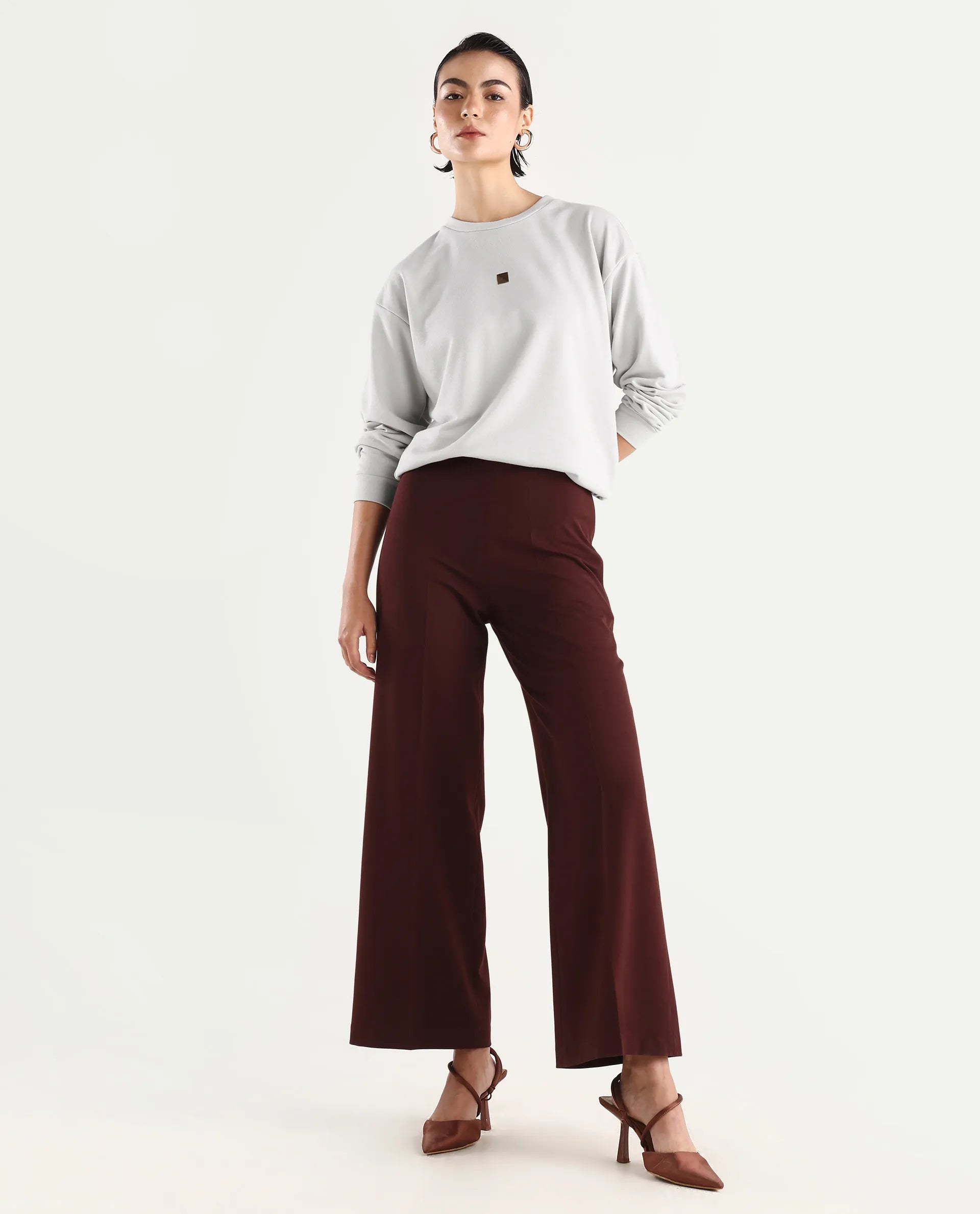 Rareism Women's Aimee Light Grey Polyester Blend Crew Neck Plain Boxy Fit Sweatshirt