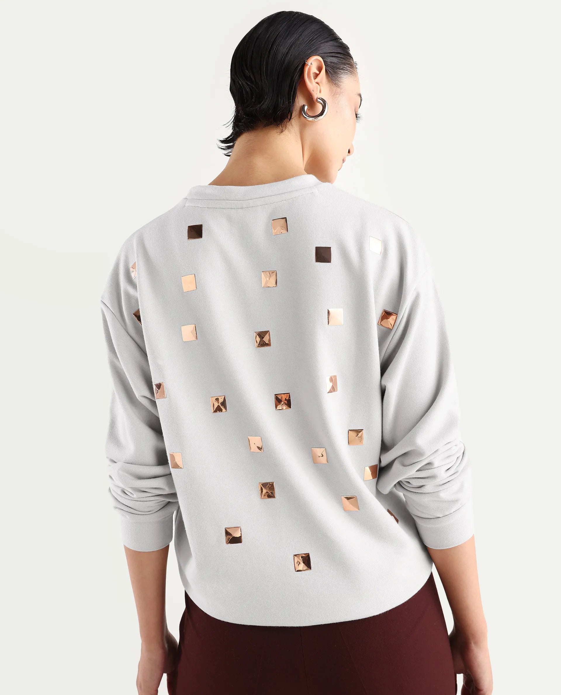 Rareism Women's Aimee Light Grey Polyester Blend Crew Neck Plain Boxy Fit Sweatshirt