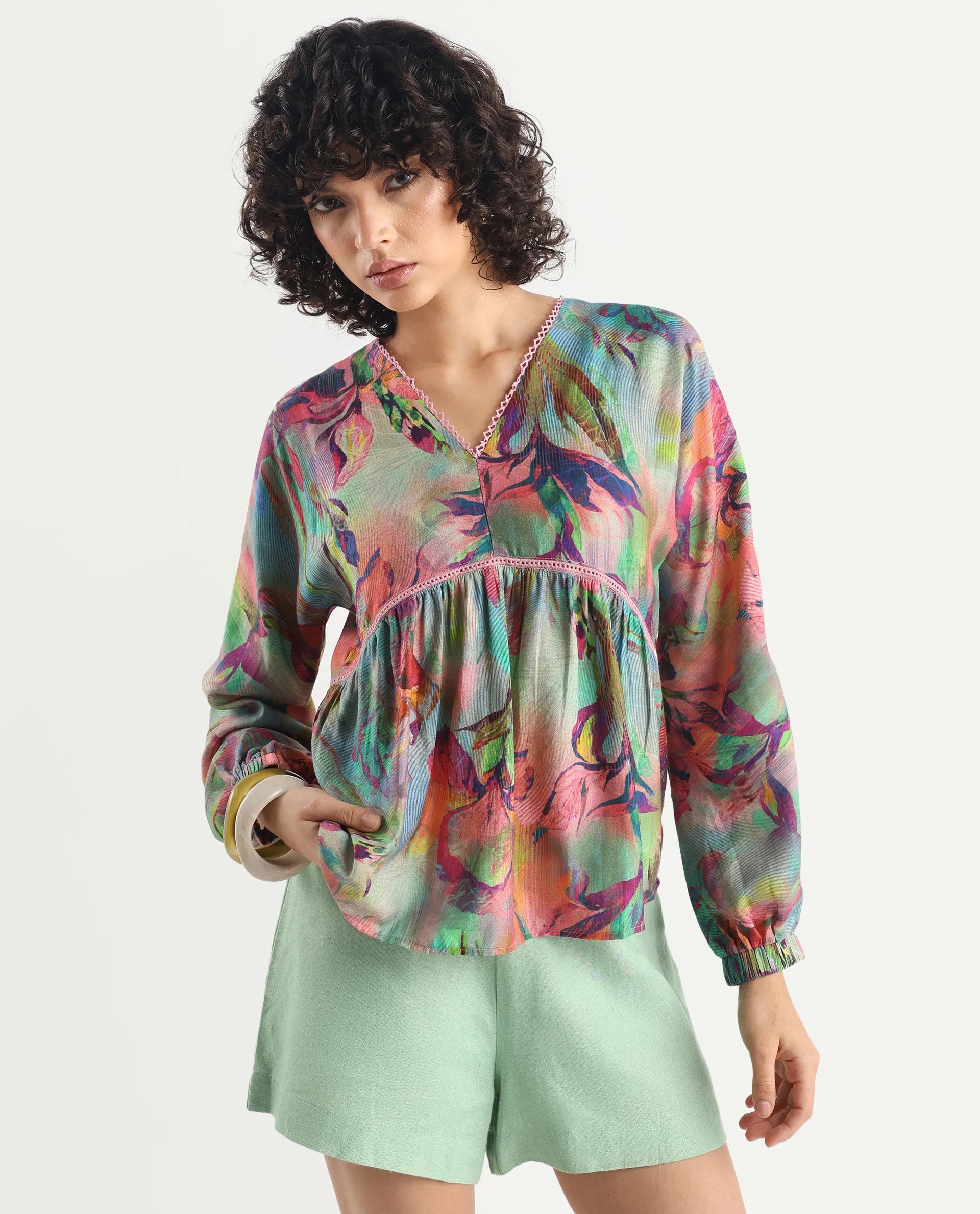 Rareism Women's Ajax Multi Viscose Blend V-Neck Floral Print Bishop Sleeve Regular Fit Top