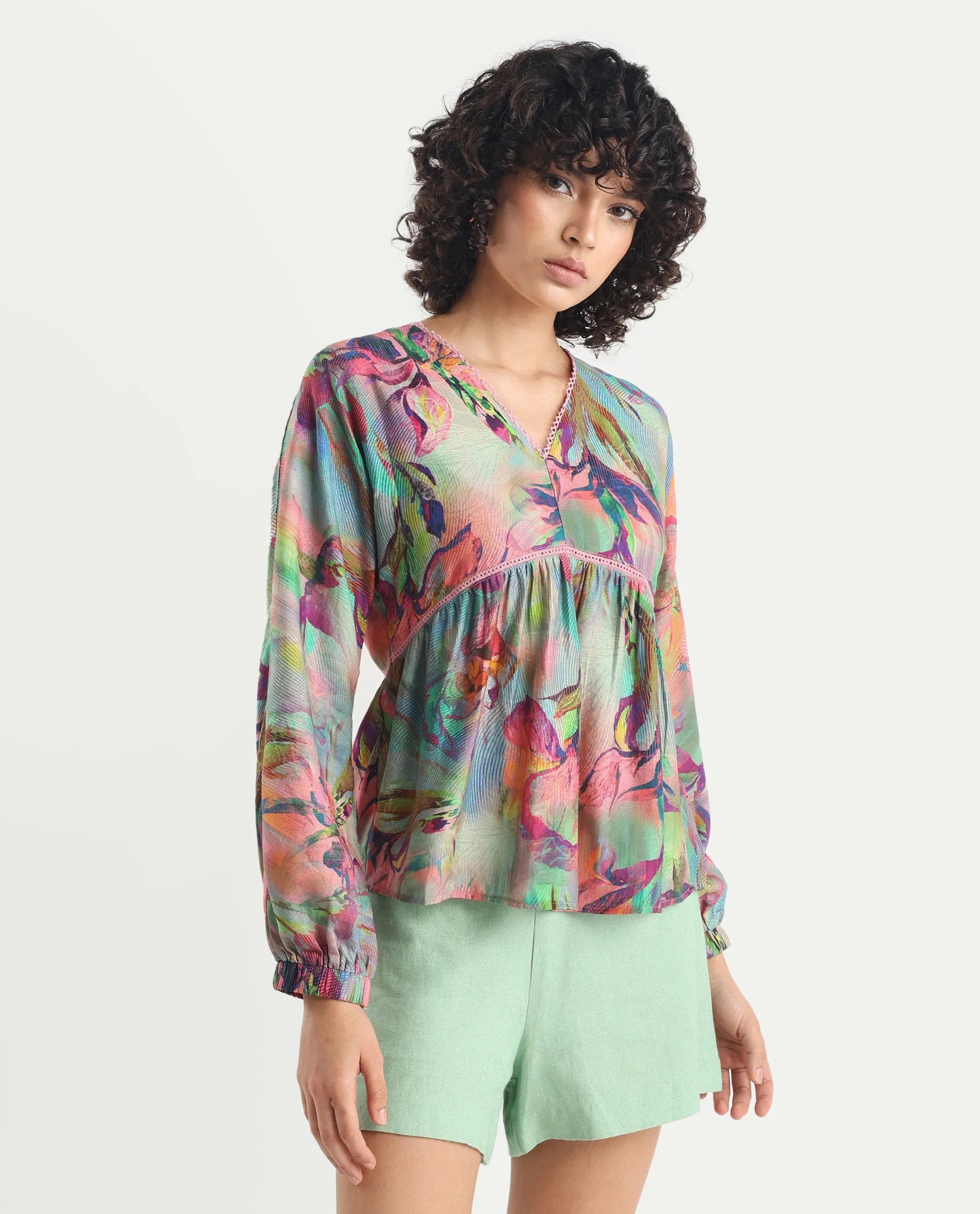 Rareism Women's Ajax Multi Viscose Blend V-Neck Floral Print Bishop Sleeve Regular Fit Top