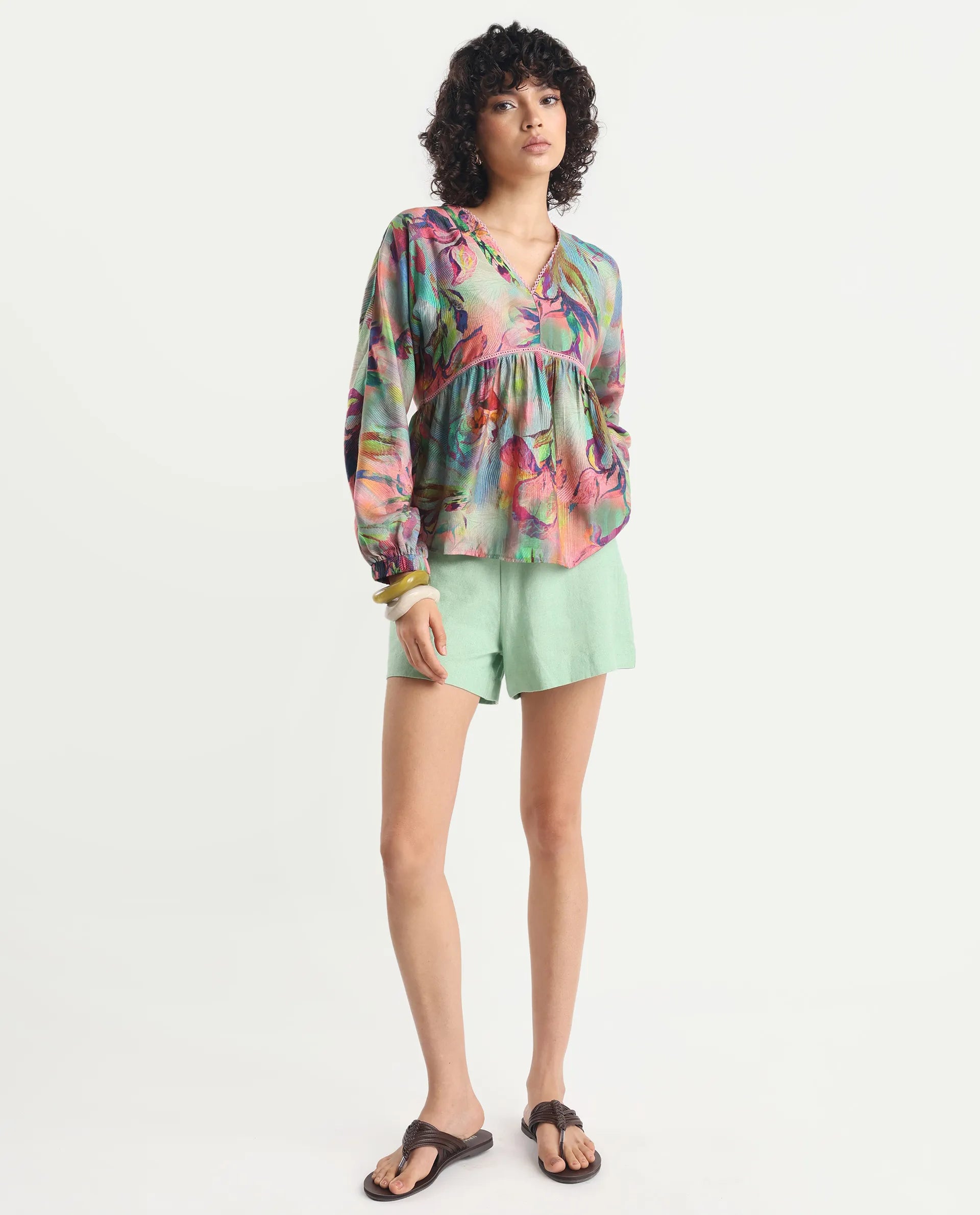 Rareism Women's Ajax Multi Viscose Blend V-Neck Floral Print Bishop Sleeve Regular Fit Top