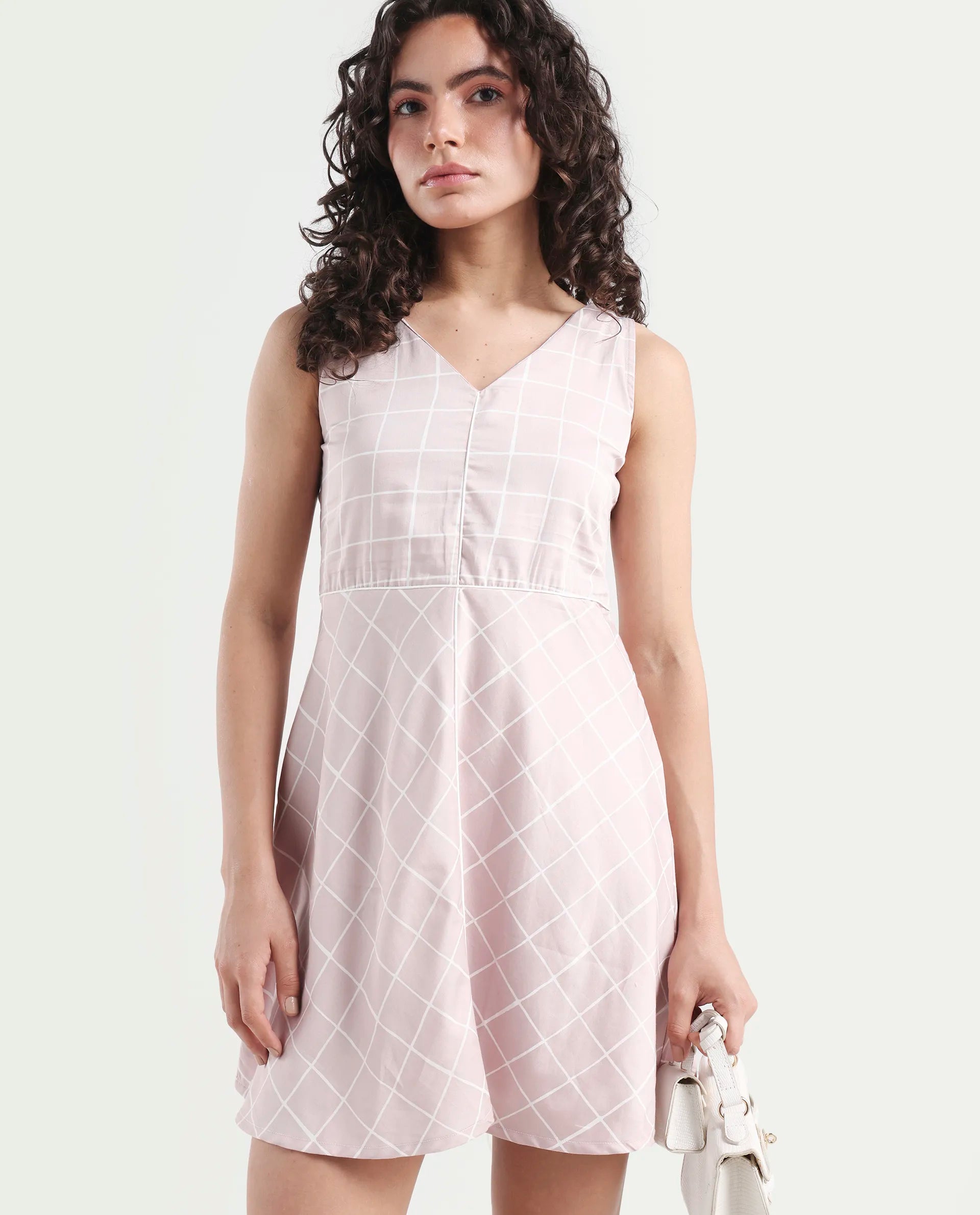 Rareism Women's Akal Pink Cotton Blend V-Neck Checked Sleeveless Mini Regular Fit Dress