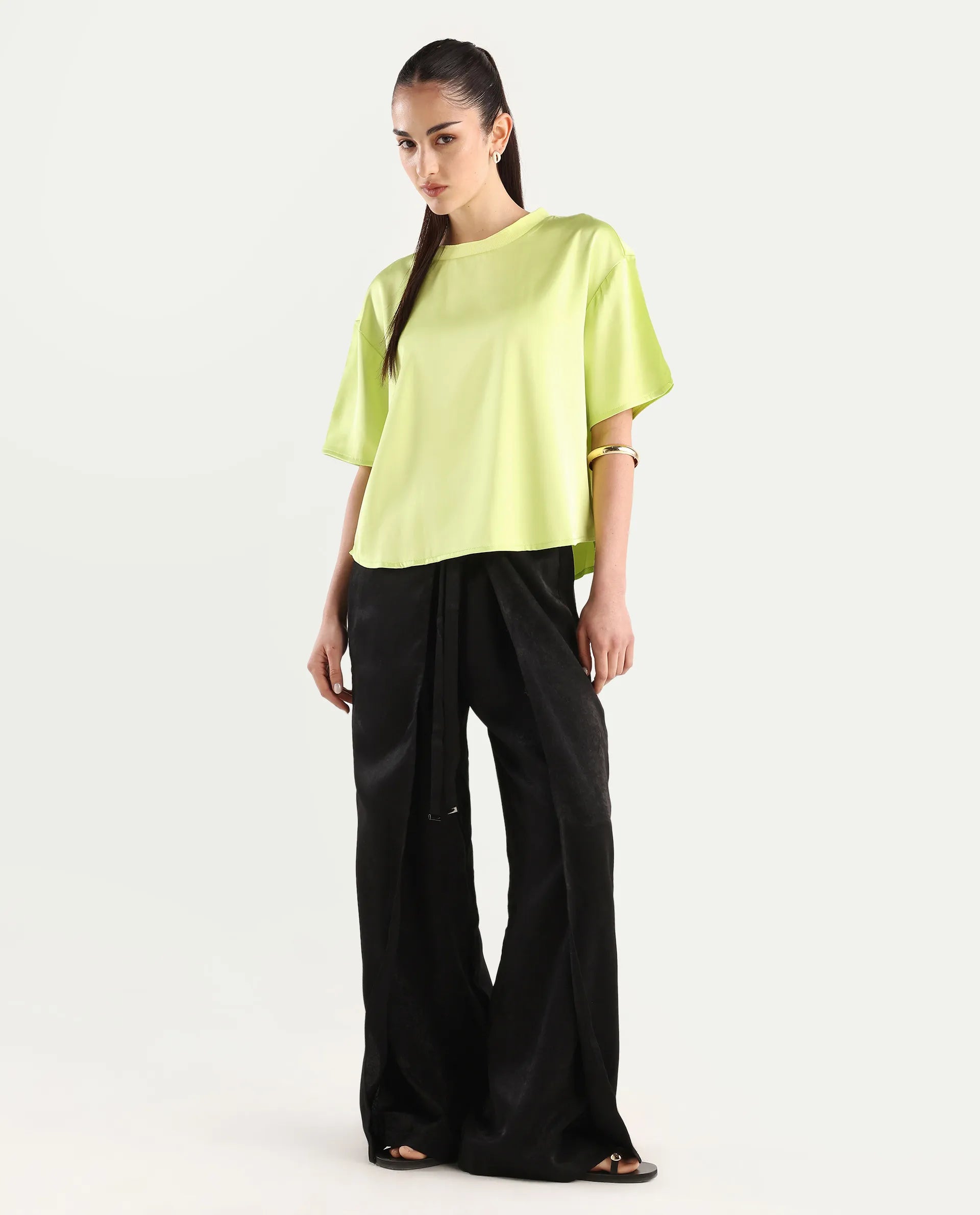 Rareism Women's Akiya Green Polyester Ribbed Collar Plain Boxy Fit Top