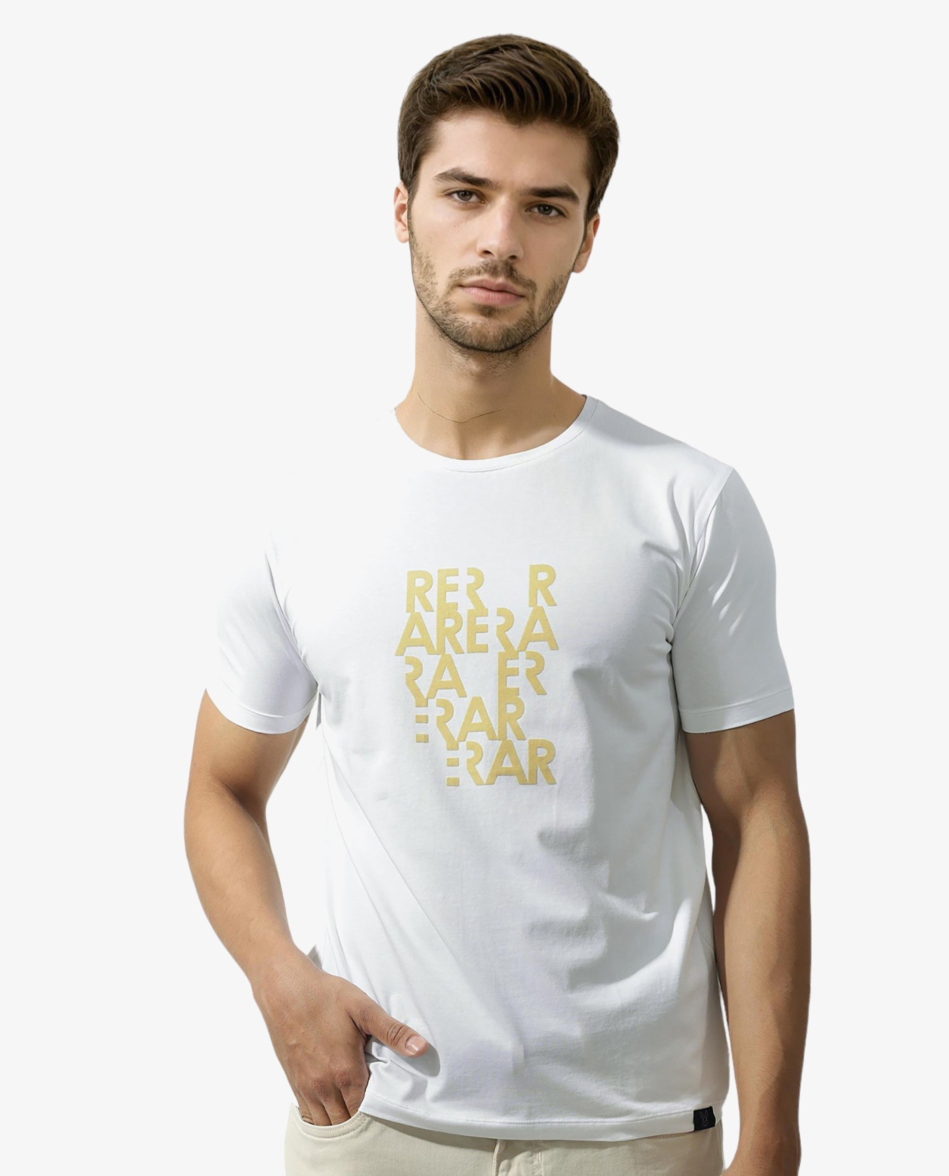 Rare Rabbit Men's Akro White Cotton Lycra Fabric Half Sleeves Graphic Print T-Shirt