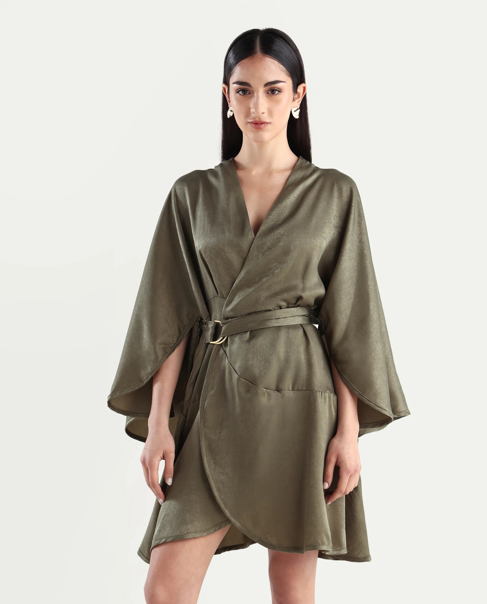 Rareism Women's Alapeno Dark Olive Polyester Overlap Neck Plain Bell Sleeve Mini Fit And Flare Dress