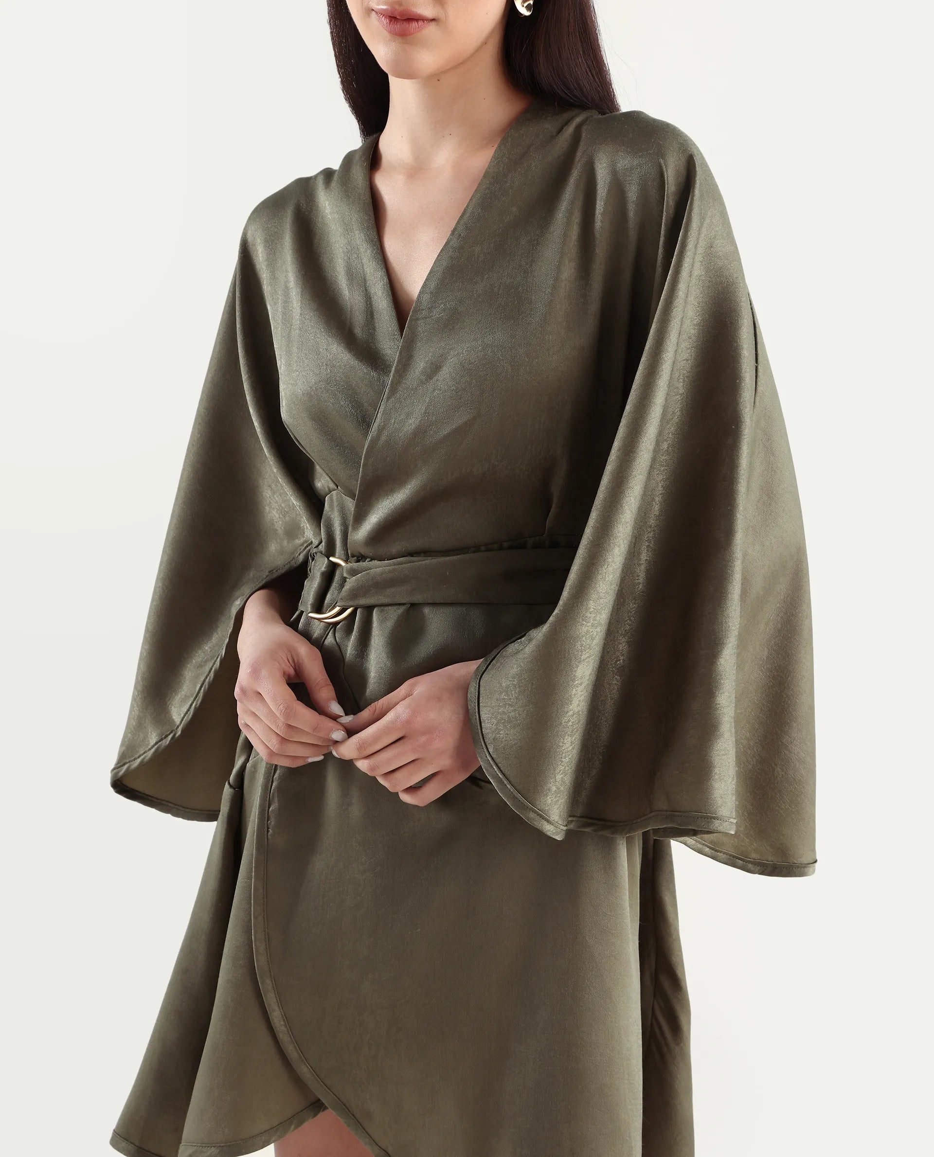 Rareism Women's Alapeno Dark Olive Polyester Overlap Neck Plain Bell Sleeve Mini Fit And Flare Dress