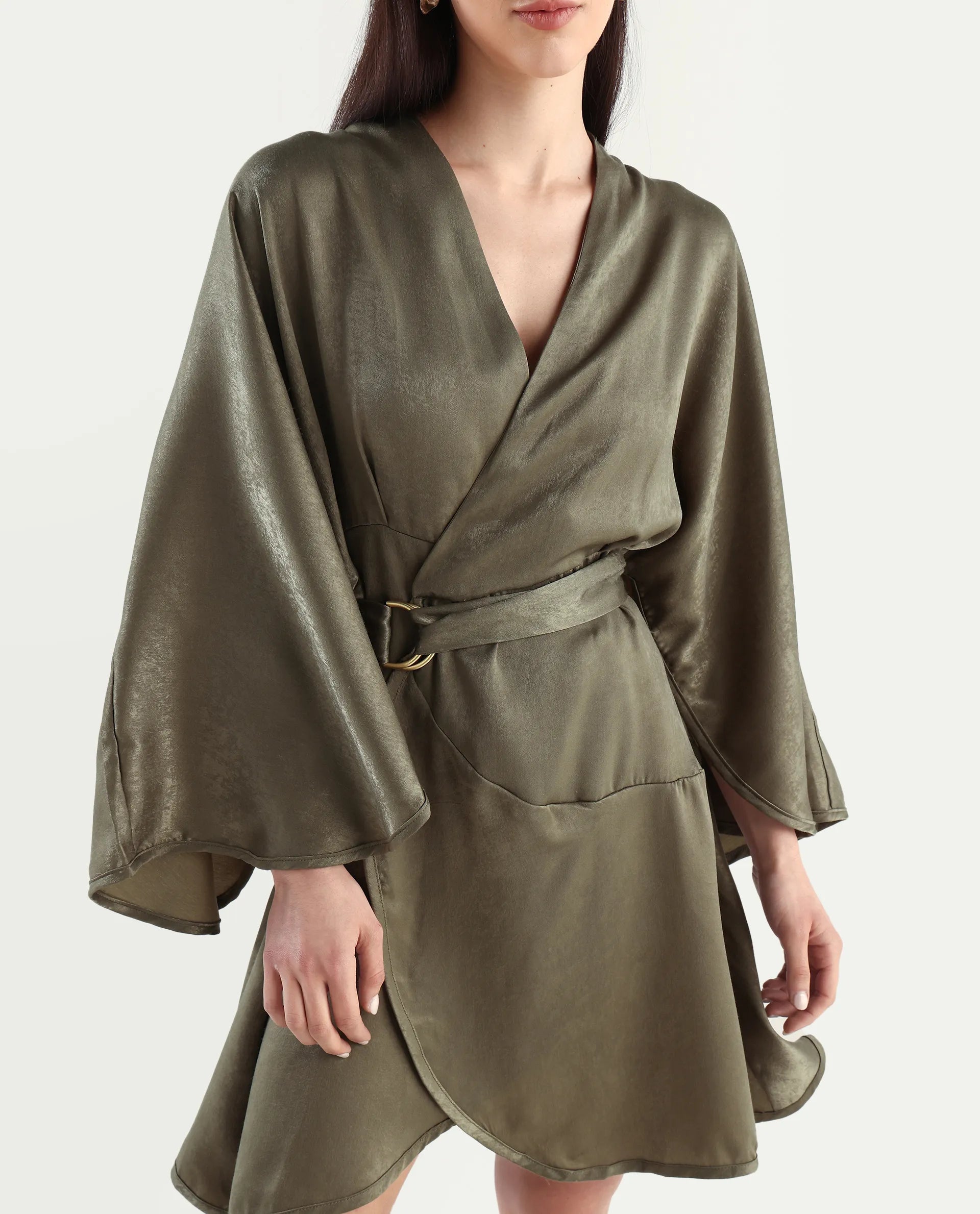 Rareism Women's Alapeno Dark Olive Polyester Overlap Neck Plain Bell Sleeve Mini Fit And Flare Dress