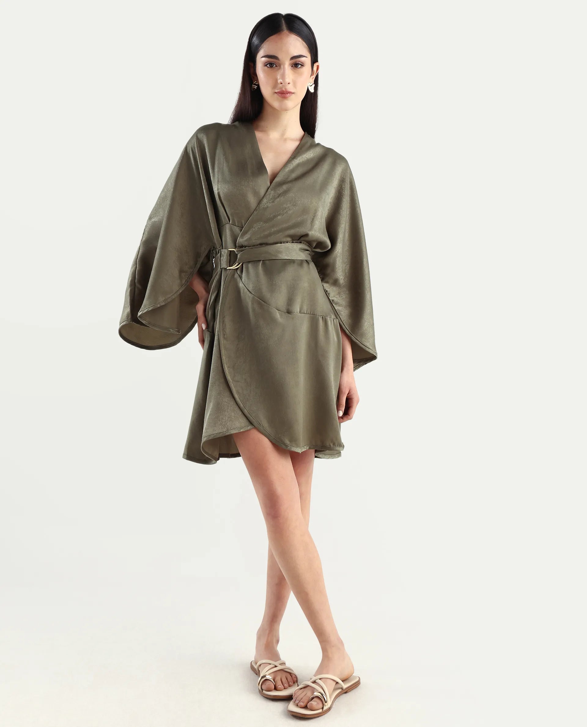Rareism Women's Alapeno Dark Olive Polyester Overlap Neck Plain Bell Sleeve Mini Fit And Flare Dress