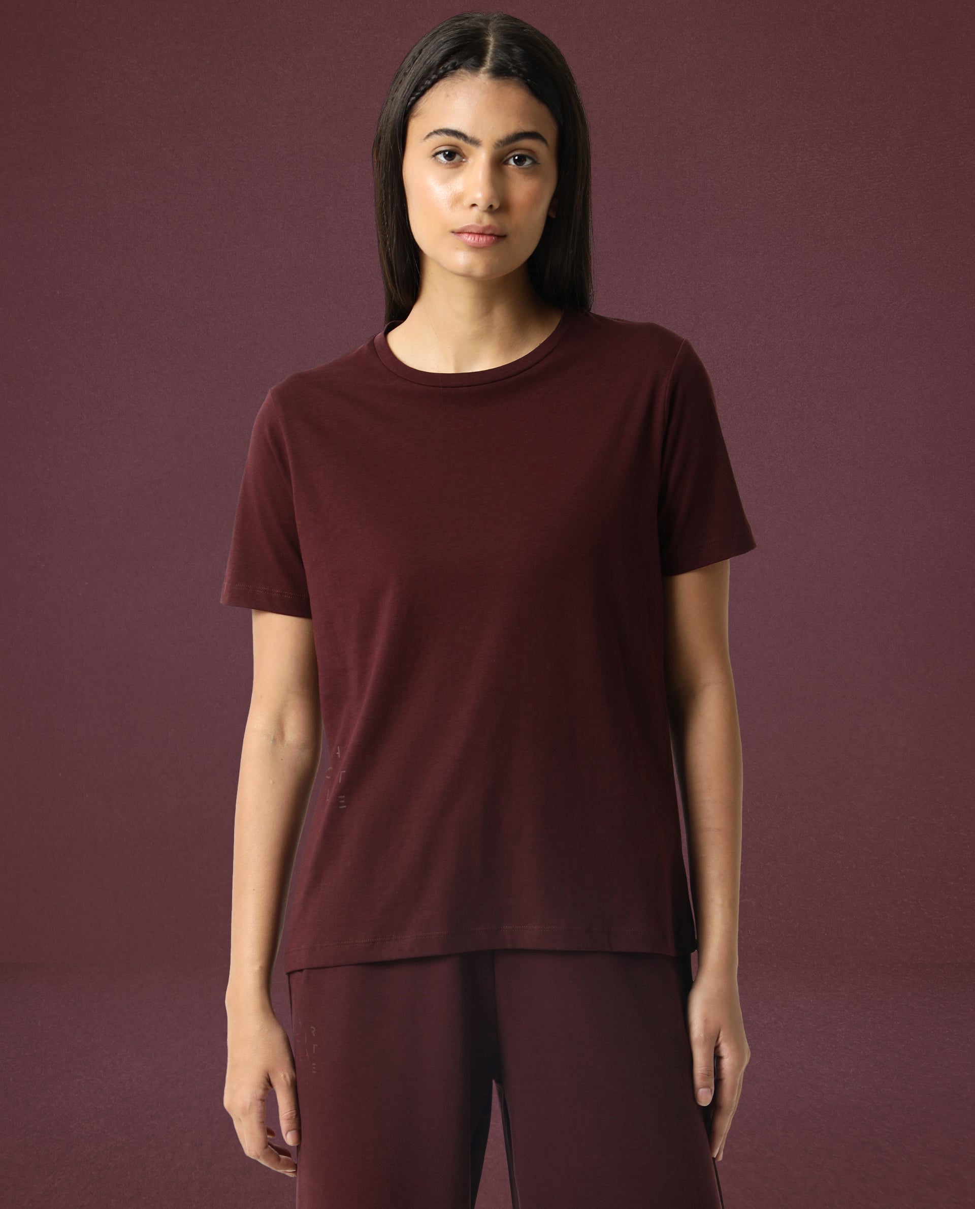 Rareism Women Alcas Maroon Cotton Blend Fabric Regular Fit Half Sleeves Solid Round Neck T-Shirt