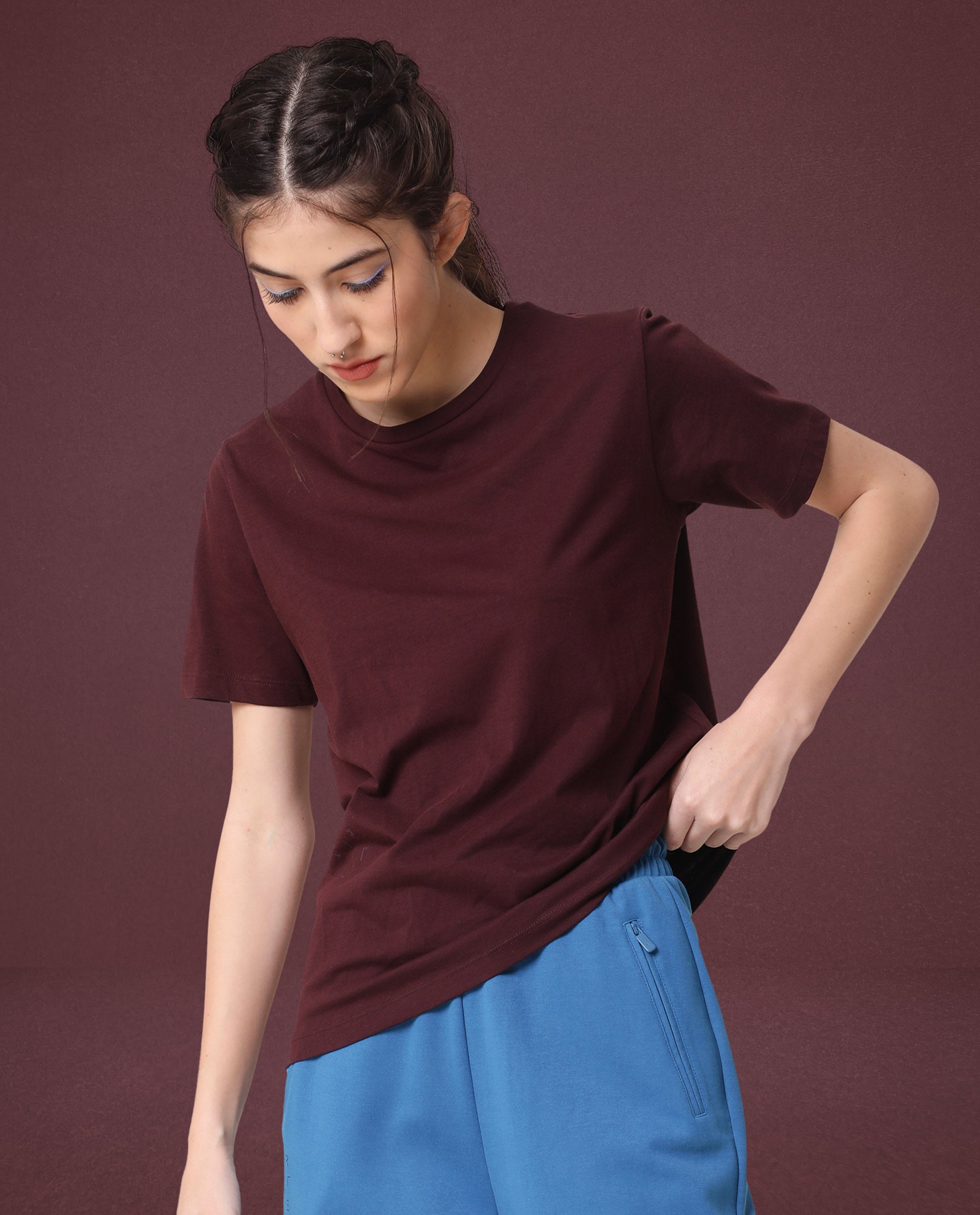 Rareism Women Alcas Maroon Cotton Blend Fabric Regular Fit Half Sleeves Solid Round Neck T-Shirt