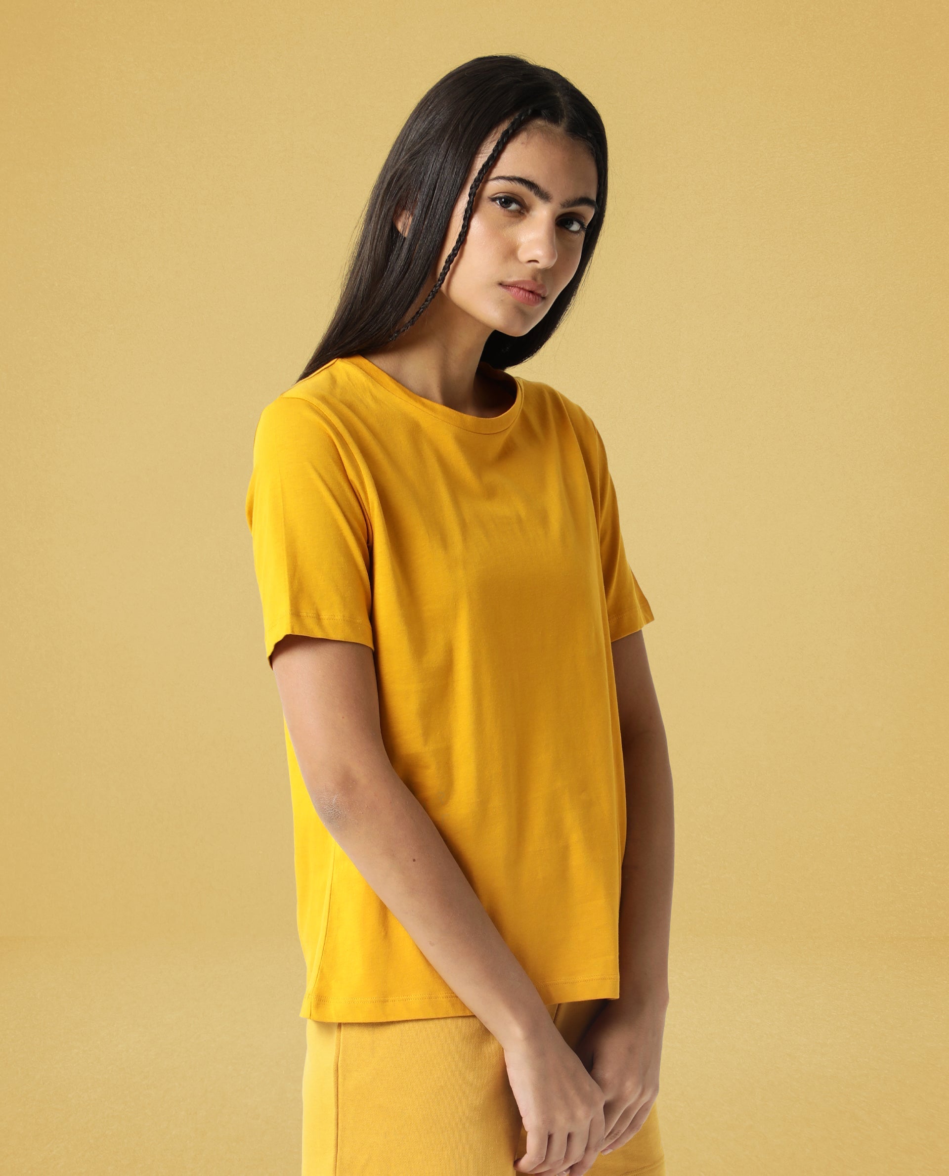 Rareism Women Alcas Mustard Cotton Blend Fabric Regular Fit Half Sleeves Solid Round Neck T-Shirt