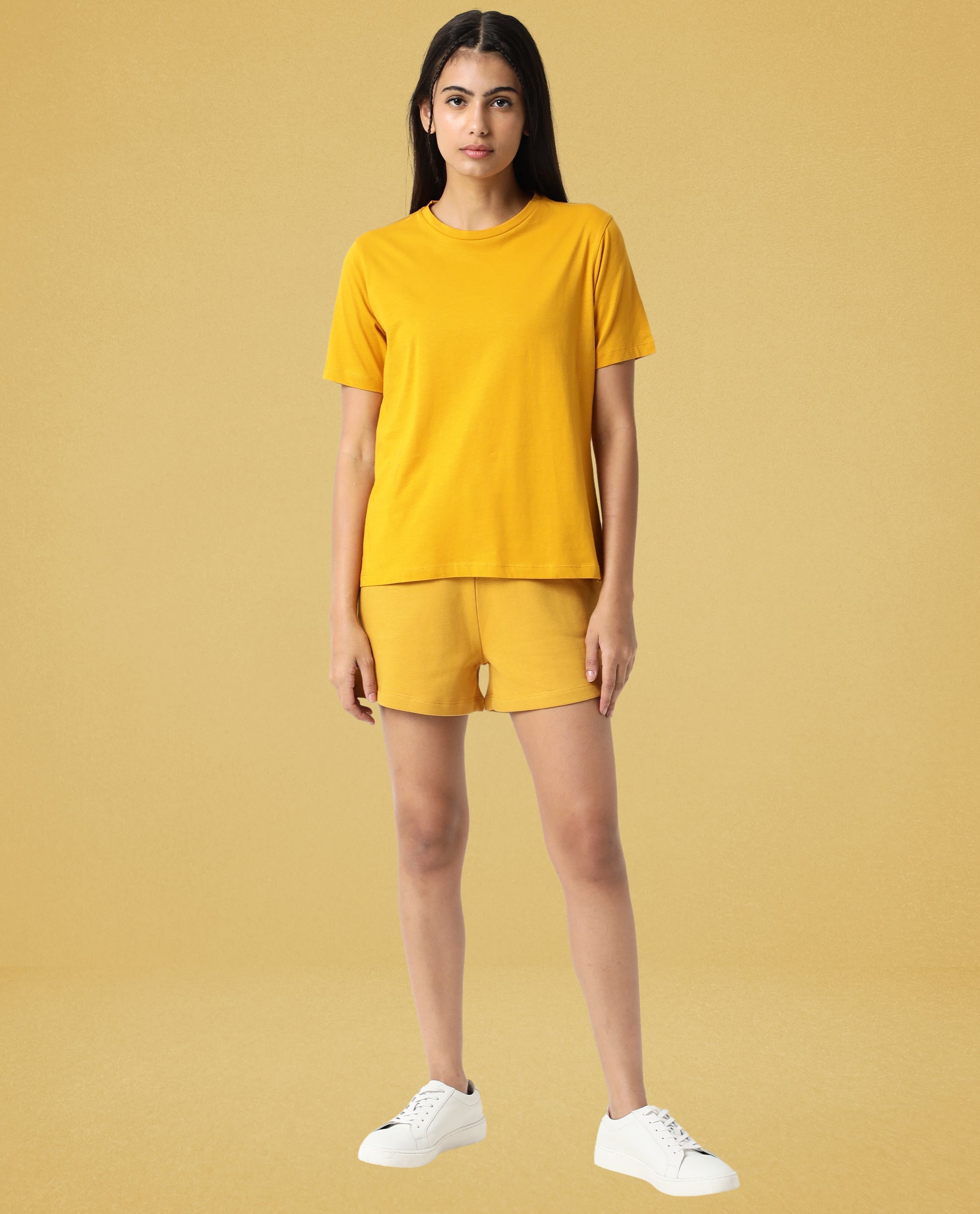 Rareism Women Alcas Mustard Cotton Blend Fabric Regular Fit Half Sleeves Solid Round Neck T-Shirt